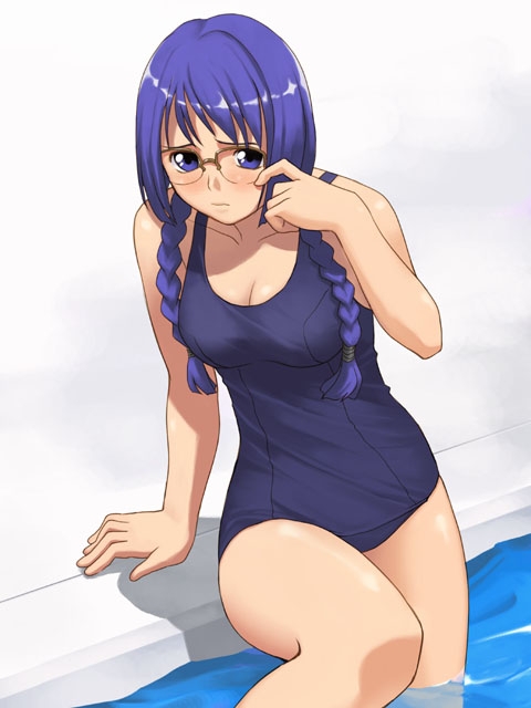 yizumi, tanabe maki, gunparade march, 1girl, blue hair, braid, breasts, cleavage, glasses, looking at viewer, one-piece swimsuit, pool, poolside, school swimsuit, shy, solo, standing, swimsuit, twin braids, wading, water, white background