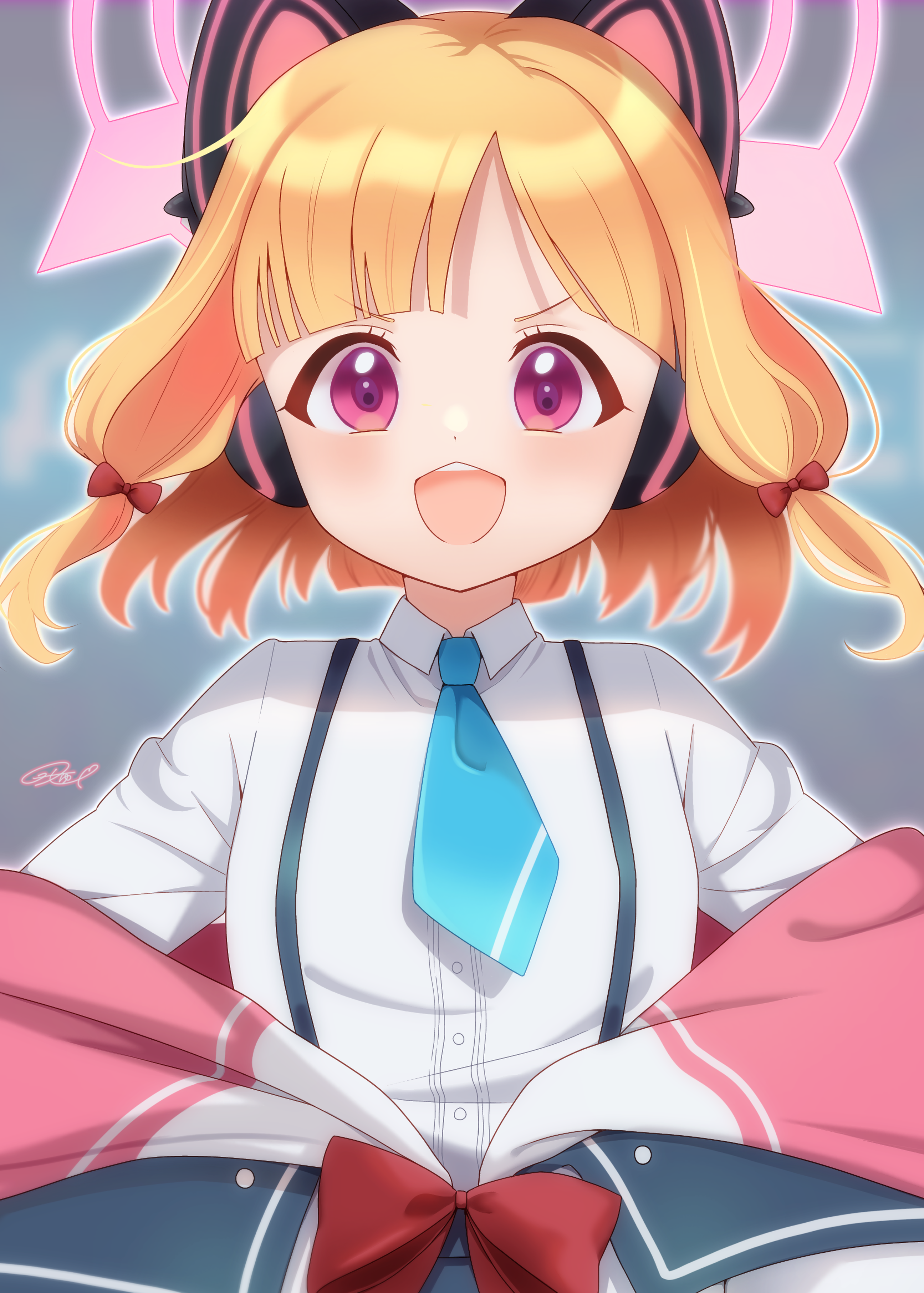 sky-blue1104, momoi (blue archive), blue archive, absurdres, commentary request, highres, 1girl, animal ear headphones, animal ears, blonde hair, blue necktie, blush, bow, cat ear headphones, cat ears, collared shirt, dress shirt, fake animal ears, grey background, hair bow, halo, happy, headphones, jacket, looking at viewer, low-tied sidelocks, multicolored jacket, necktie, off shoulder, open mouth, outline, parted bangs, pink eyes, pink halo, pink jacket, red bow, school uniform, shirt, short hair, short necktie, sidelocks, signature, smile, solo, straight-on, suspenders, tareme, teeth, upper body, upper teeth only, v-shaped eyebrows, white jacket, white outline, white shirt