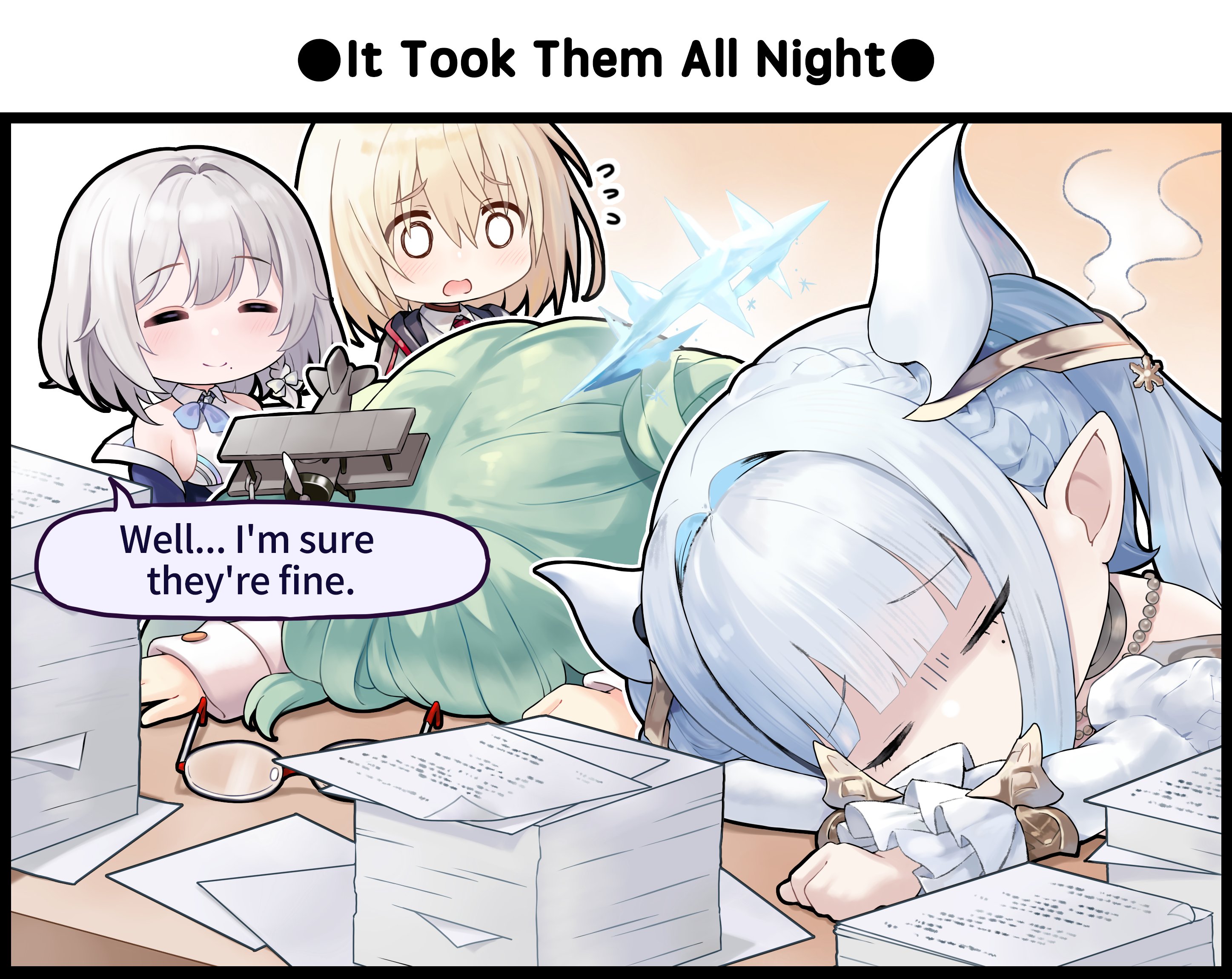 satogo, bataan (azur lane), bois belleau (azur lane), langley (azur lane), san jacinto (azur lane), azur lane, commentary, english commentary, highres, official art, 4girls, blonde hair, blunt bangs, braid, breasts, chibi, closed eyes, closed mouth, english text, flying sweatdrops, glasses, green hair, grey hair, hair between eyes, hair intakes, hair ornament, halo, large breasts, long hair, long sleeves, medium hair, mole, mole under eye, multiple girls, open mouth, paper stack, pointy ears, shaded face, sideboob, speech bubble, unworn eyewear