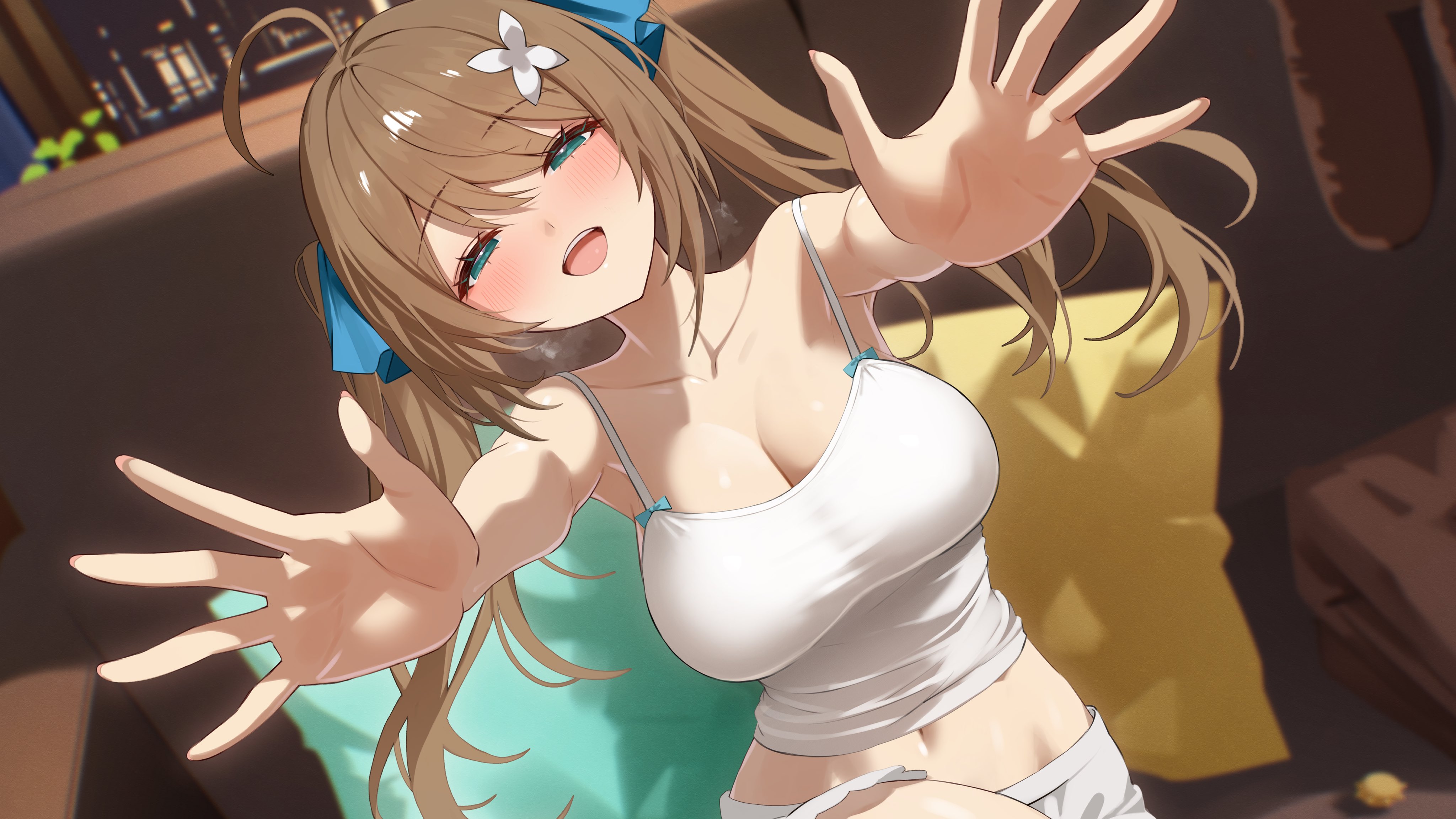 kkix25, kurikoma komaru, aogiri koukou, absurdres, commentary request, highres, 1girl, ahoge, alternate hair length, alternate hairstyle, aqua eyes, blush, breasts, brown hair, camisole, cleavage, flower, hair flower, hair ornament, incoming hug, large breasts, long hair, looking at viewer, navel, open mouth, outstretched arms, pillow, smile, solo, teeth, twintails, upper teeth only, virtual youtuber, white camisole, white flower