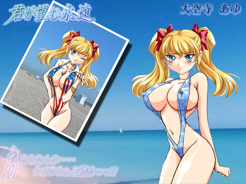 daikuuji ayu, kimi ga nozomu eien, artist request, 1girl, american flag, american flag print, beach, blonde hair, blue eyes, blue slingshot swimsuit, blush, bow, bracelet, breasts, cleavage, cloud, collarbone, covered erect nipples, embarrassed, flag print, hair bow, hand on own hip, jewelry, large breasts, long hair, looking at viewer, navel, necklace, ocean, one eye closed, open mouth, photo (object), print slingshot swimsuit, print swimsuit, red bow, sand, sky, slingshot swimsuit, smile, standing, star (symbol), star print, striped clothes, striped slingshot swimsuit, swimsuit, twintails, water, wink