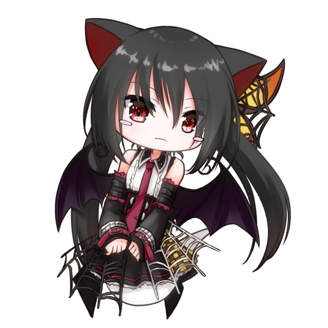 nekomata kuro, emil chronicle online, 1girl, alternate costume, animal ears, bare shoulders, bat wings, black hair, black skirt, black sleeves, black wings, blush stickers, butterfly hair ornament, cat ears, cat girl, cat tail, detached sleeves, ghost girl, ghost tail, hair ornament, long hair, necktie, ponytail, red eyes, red necktie, shirt, skirt, sleeveless, sleeveless shirt, solo, spider web hair ornament, tail, tkht sato, white background, white shirt, wings