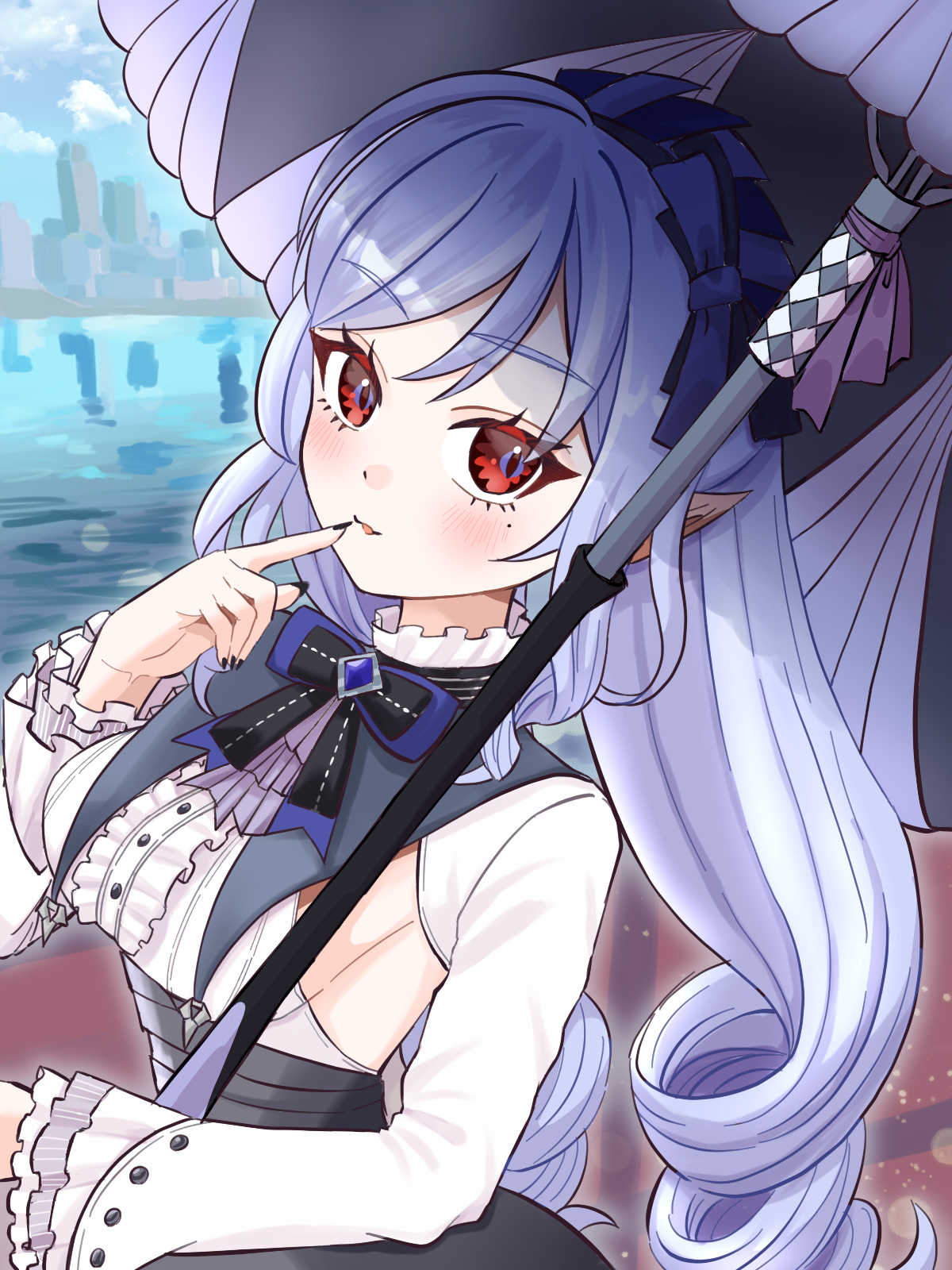 monao pict, vivian banshee, zenless zone zero, highres, 1girl, black nails, blue hair, blue sky, blush, breasts, buttons, center frills, cloud, drill hair, eyelashes, finger to mouth, fingernails, frills, hand up, long hair, long sleeves, medium breasts, mole, mole under eye, nail polish, open mouth, pointy ears, red eyes, sideboob, sky, smile, solo, umbrella, umbrella over shoulder, very long hair, water
