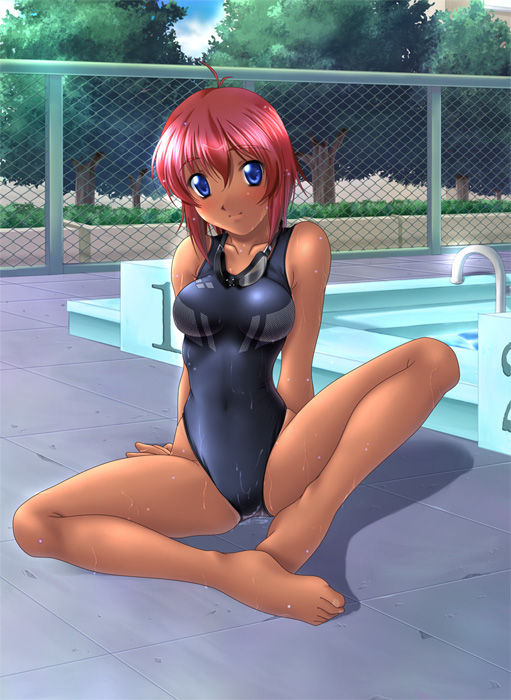 ishii akira, 1girl, barefoot, blue eyes, chain-link fence, competition swimsuit, dark-skinned female, dark skin, feet, female focus, fence, goggles, one-piece swimsuit, pool, red hair, sitting, solo, swimsuit, tree, water, wet