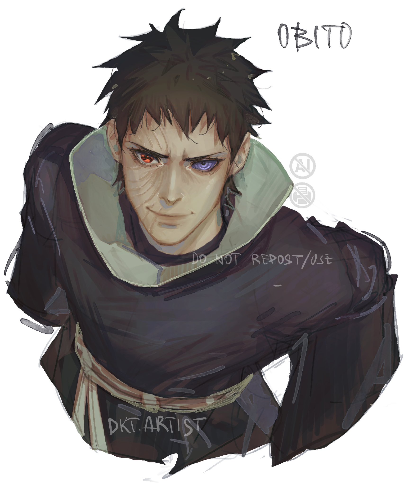 artistdkt, uchiha obito, naruto (series), naruto shippuuden, highres, 1boy, artist name, black hair, character name, from above, looking at viewer, male focus, purple eyes, red eyes, ringed eyes, rinnegan, scar, scar on face, sharingan, short hair, simple background, smile, solo, symbol-shaped pupils, white background