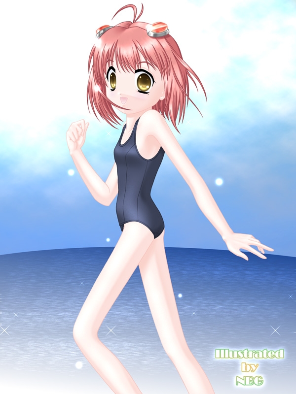 momo mizrahi, namco, xenosaga, 00s, beach, child, school swimsuit, swimsuit