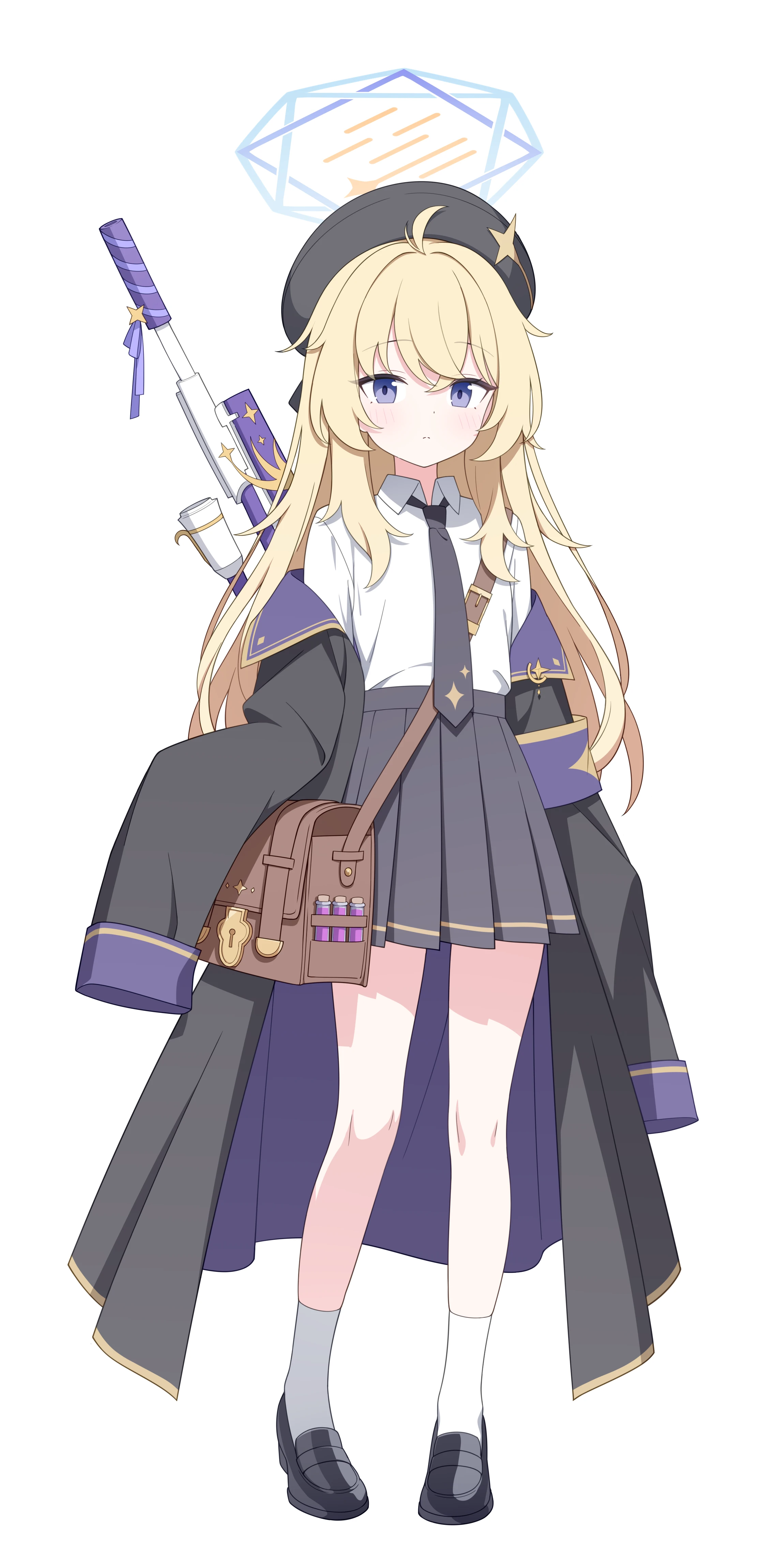 jyt, blue archive, original, absurdres, chinese commentary, commentary request, highres, weapon request, 1girl, ahoge, aqua halo, armband, bag, beret, black coat, black hat, black necktie, black shoes, black skirt, blonde hair, blue eyes, blush, brown bag, closed mouth, coat, collared shirt, full body, gun, hair between eyes, halo, hat, hat ornament, knees, loafers, long hair, long sleeves, looking at viewer, multicolored halo, necktie, off shoulder, open clothes, open coat, pleated skirt, purple armband, purple coat, shirt, shirt tucked in, shoes, shoulder bag, sidelocks, simple background, skirt, sleeves past fingers, sleeves past wrists, socks, solo, split mouth, standing, tachi-e, two-sided coat, two-sided fabric, weapon, white background, white shirt, white socks, yellow halo
