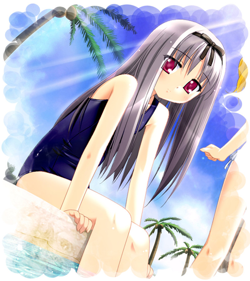 kani biimu, onomeshin, tsuzuki maki, hurley sarasa bastille, sera ranesukaya, sakura machizaka stories, sakura machizaka stories vol2, 2girls, bikini, blonde hair, blue one-piece swimsuit, blue school swimsuit, blush, cloud, coconut, coconut tree, collarbone, flat chest, grey hair, hairband, light rays, loli, long hair, looking at viewer, multiple girls, one-piece swimsuit, palm tree, pool, red eyes, school swimsuit, side-tie bikini bottom, sitting, sky, smile, soaking feet, sparkle, sunbeam, sunlight, swimsuit, tree, water, white bikini