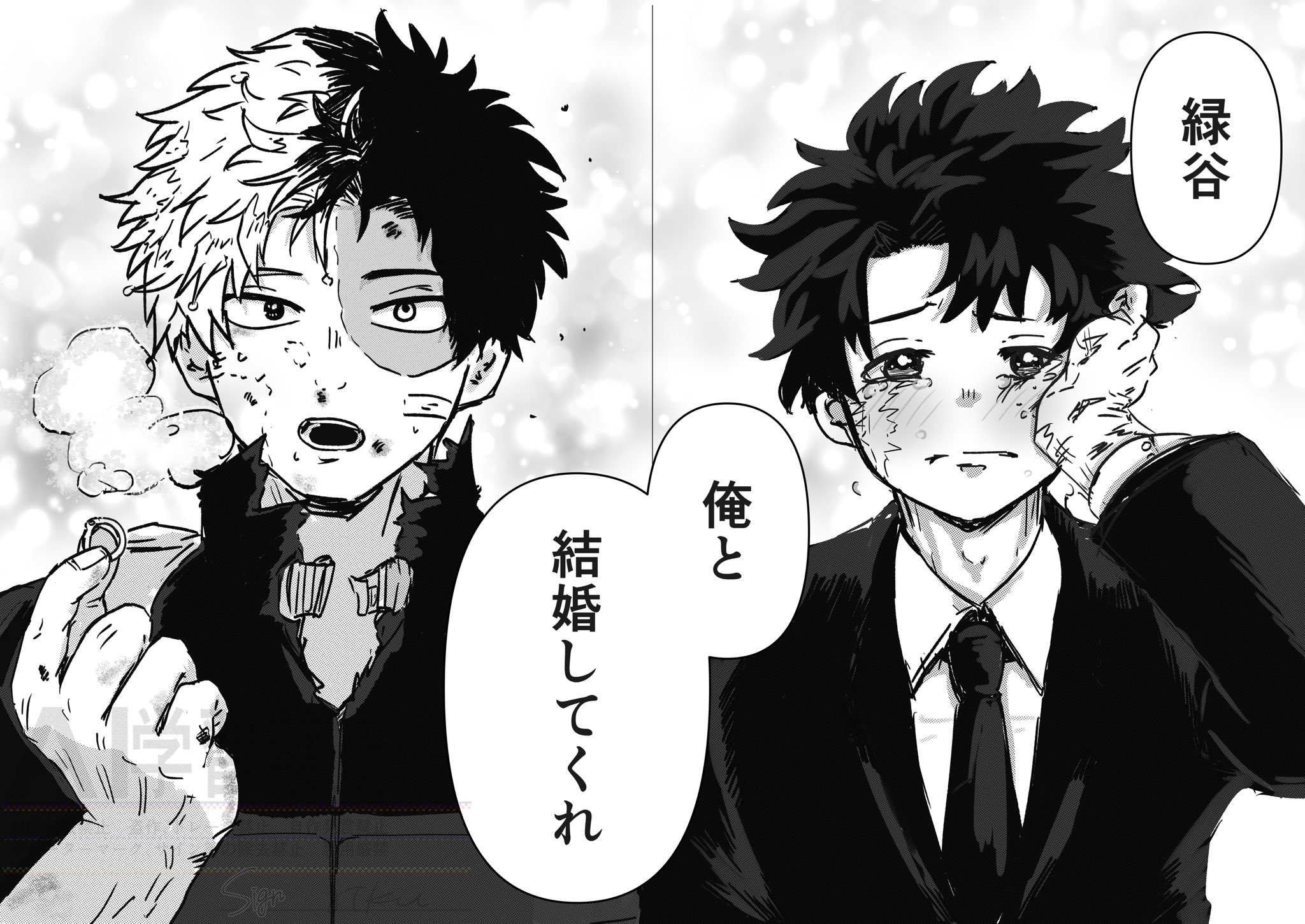 midoriya izuku, todoroki shoto, boku no hero academia, 2boys, aged up, crying, formal clothes, freckles, happy tears, jewelry, marriage proposal, multiple boys, riku ff, ring, scar, suit, superhero costume, tears, tododeku, yaoi