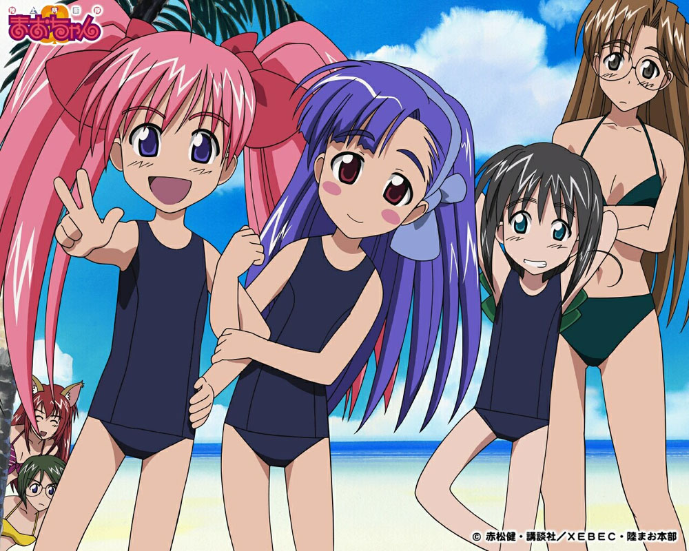yanagisawa masahide, maruyama sylvia, mishima kagome (mao-chan), noki chinami, onigawara mao, oozora yuriko, tsukishima misora, rikujou boueitai mao-chan, official art, 6+girls, ahoge, animal ears, arms behind back, arms up, beach, bikini, black one-piece swimsuit, black school swimsuit, blue eyes, blue hair, blush, bow, breasts, brown eyes, brown hair, cat ears, cat girl, closed eyes, cloud, collarbone, cowboy shot, crossed arms, female focus, flat chest, glasses, green bikini, green hair, green ribbon, grin, hair bow, hair ribbon, hairband, hand on own hip, loli, long hair, looking at viewer, medium breasts, multiple girls, navel, ocean, one-piece swimsuit, open mouth, outdoors, palm tree, pink hair, plant, purple bikini, red bow, red hair, ribbon, sand, school swimsuit, sky, smile, standing, striped bikini, striped clothes, swimsuit, teeth, tree, twintails, v, water, yellow bikini
