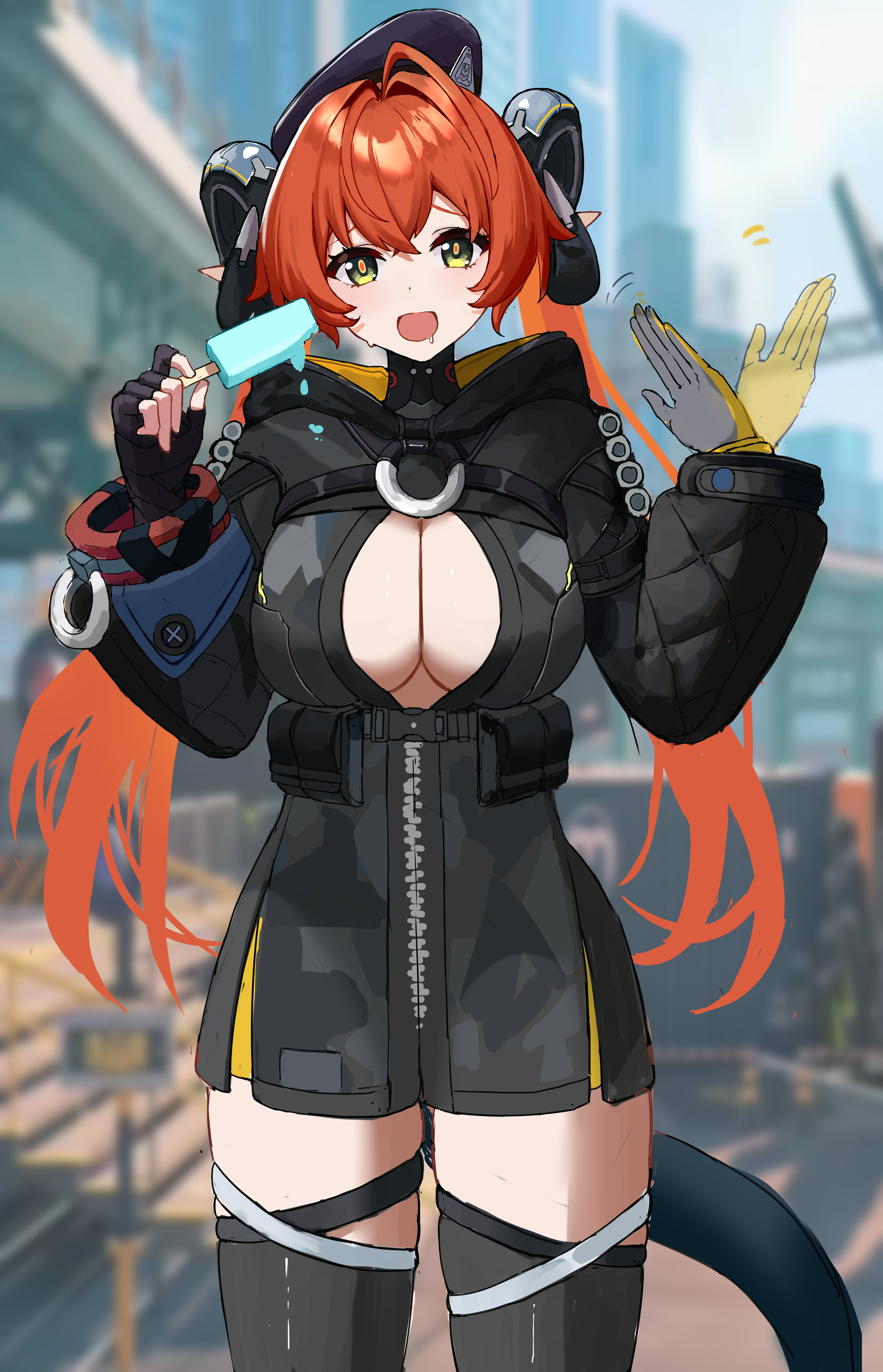 hais, orphie magnusson, zenless zone zero, absurdres, highres, black gloves, black hat, black shrug, black thighhighs, blush, breasts, food, gloves, goat horns, hat, holding, holding food, holding popsicle, horns, large breasts, looking at viewer, melting popsicle, open mouth, orange hair, pointy ears, popsicle, shrug (clothing), solo, tail, thighhighs, twintails, waving, yellow gloves