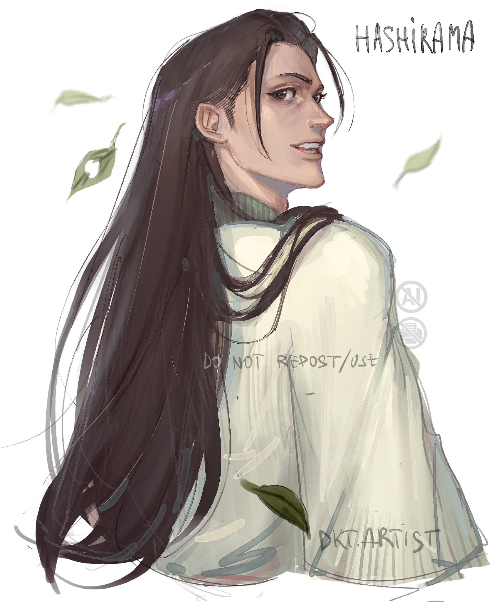 artistdkt, senju hashirama, naruto (series), naruto shippuuden, highres, 1boy, artist name, back, brown eyes, brown hair, character name, falling leaves, leaf, long hair, male focus, simple background, solo, upper body, white background