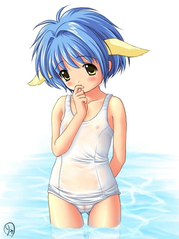ryunnu, sage (circle), mint blancmanche, galaxy angel, 00s, 1girl, animal ears, arm behind back, blue hair, blush, cameltoe, collarbone, female focus, finger to mouth, flat chest, loli, looking at viewer, nipples, one-piece swimsuit, partially submerged, pussy, rabbit ears, school swimsuit, see-through clothes, short hair, small areolae, small nipples, solo, swimsuit, wading, white one-piece swimsuit, white school swimsuit, yellow eyes