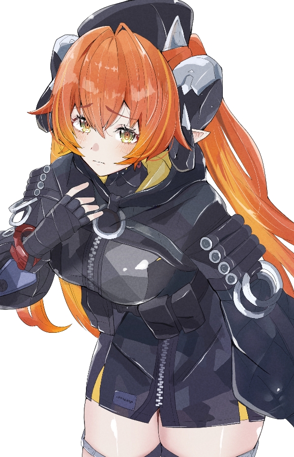 gaohuang43450, orphie magnusson, zenless zone zero, commentary, 1girl, asymmetrical gloves, black coat, blush, coat, cowboy shot, dragon girl, dragon horns, gloves, hair between eyes, hood, hoodie, horns, long hair, looking at viewer, mismatched gloves, orange hair, orange pupils, pointy ears, solo