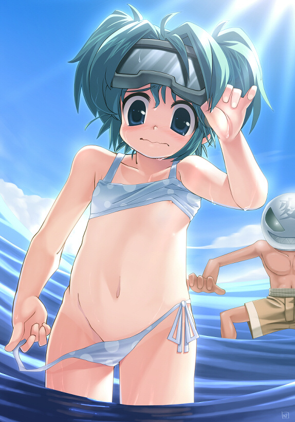 artist request, character request, copyright request, 1boy, 1girl, bikini, bikini top lift, blue bikini, blue eyes, blue hair, blush, brown male swimwear, brown swim trunks, clothes lift, cloud, collarbone, diving mask, diving mask on head, embarrassed, goggles, goggles on head, grin, light rays, long hair, looking down, male swimwear, mask, navel, nipples, ocean, one-piece tan, polka dot, polka dot bikini, sharp teeth, side-tie bikini bottom, sky, smile, standing, sunbeam, sunlight, swim trunks, swimsuit, tan, tanline, teeth, topless female, twintails, wading, water, wet