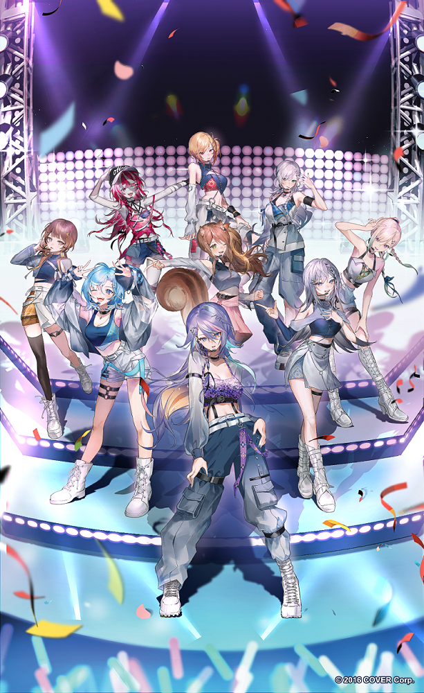 mint-tan, airani iofifteen, anya melfissa, ayunda risu, kaela kovalskia, kobo kanaeru, kureiji ollie, moona hoshinova, pavolia reine, vestia zeta, area 15, holoh3roes, hololive, hololive indonesia, holoro, commentary, english commentary, official art, 6+girls, :d, ;d, ahoge, animal ear fluff, animal ears, arm strap, arm up, arms up, bare arms, baseball cap, belt, black belt, black choker, black collar, black gloves, black hat, black thighhighs, blonde hair, blue eyes, blue hair, blue jacket, blue pants, blue ribbon, blue shirt, blue shoes, blue shorts, blue sleeves, blue tank top, blue tube top, blunt ends, boots, bow, braid, braided bangs, braided ponytail, braided sidelock, breasts, brown hair, buttons, cargo pants, center-flap bangs, character name, chest belt, chest harness, choker, cleavage, cleavage cutout, closed mouth, clothing cutout, collar, colored inner hair, colored skin, colored tips, confetti, contrapposto, copyright notice, crescent, crescent hair ornament, crop top, cropped jacket, cropped shirt, curtained hair, denim, denim jacket, detached sleeves, diamond-shaped pupils, diamond (shape), double-breasted, fingerless gloves, flower, full body, gloves, gradient eyes, gradient hair, green eyes, green hair, green thighhighs, grey hair, grey jacket, grey shirt, grey shrug, grey skin, grey skirt, hair between eyes, hair bow, hair flaps, hair flower, hair ornament, hair over one eye, hair ribbon, hairclip, half-skirt, halter shirt, halterneck, hand on own chest, hand on own hip, hand on own knee, hand up, hands up, harness, hat, headset, heterochromia, high-waist skirt, high heel boots, high heels, high ponytail, high tops, jacket, jewelry, knee boots, lace-up boots, large breasts, layered skirt, leg cutout, legs apart, linea alba, long hair, long hair between eyes, long sidelocks, looking at viewer, medium breasts, midriff, midriff peek, miniskirt, mismatched pupils, multicolored eyes, multicolored hair, multicolored skin, multiple belts, multiple girls, navel, necklace, o-ring, o-ring harness, o-ring thigh strap, off-shoulder shirt, off shoulder, official alternate costume, official alternate hairstyle, one eye closed, one side up, open mouth, outstretched arm, overskirt, pants, pants tucked in, parted lips, patchwork skin, pencil skirt, pink hair, pink skirt, platform boots, pleated skirt, ponytail, purple eyes, purple hair, purple shirt, purple skin, red eyes, red hair, red tank top, ribbon, see-through clothes, see-through jacket, see-through sleeves, shirt, shoes, short hair, short shorts, shorts, shoulder cutout, shrug (clothing), side braid, side braids, sidelocks, simple background, single detached sleeve, single glove, single off shoulder, single thighhigh, single wrist cuff, skirt, sleeveless, sleeveless jacket, sleeveless shirt, sleeves past wrists, smile, sneakers, squirrel ears, squirrel girl, squirrel tail, stage, standing, standing on one leg, starry hair, stitched arm, stitched face, stitched leg, stitched torso, stitches, straight-on, strap slip, strapless, streaked hair, swept bangs, symbol-shaped pupils, tail, tank top, teeth, thigh strap, thighhighs, torn clothes, torn tank top, tube top, turtleneck, two-tone hair, underbust, v, very long hair, virtual youtuber, white belt, white boots, white eyes, white hair, white pants, white shoes, white shorts, white skirt, white sleeves, white tank top, wrist cuffs, x-shaped pupils, x hair ornament, yellow eyes, yellow skirt, zombie