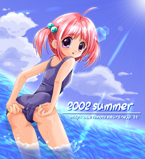 ktman, 00s, 1girl, 2002, adjusting clothes, adjusting swimsuit, ahoge, ass, blush, breasts, cloud, from behind, hair bobbles, hair ornament, lens flare, light rays, loli, looking at viewer, looking back, ocean, open mouth, pink hair, purple eyes, short hair, sky, small breasts, smile, standing, summer, sunbeam, sunlight, swimsuit, twintails, water, wet