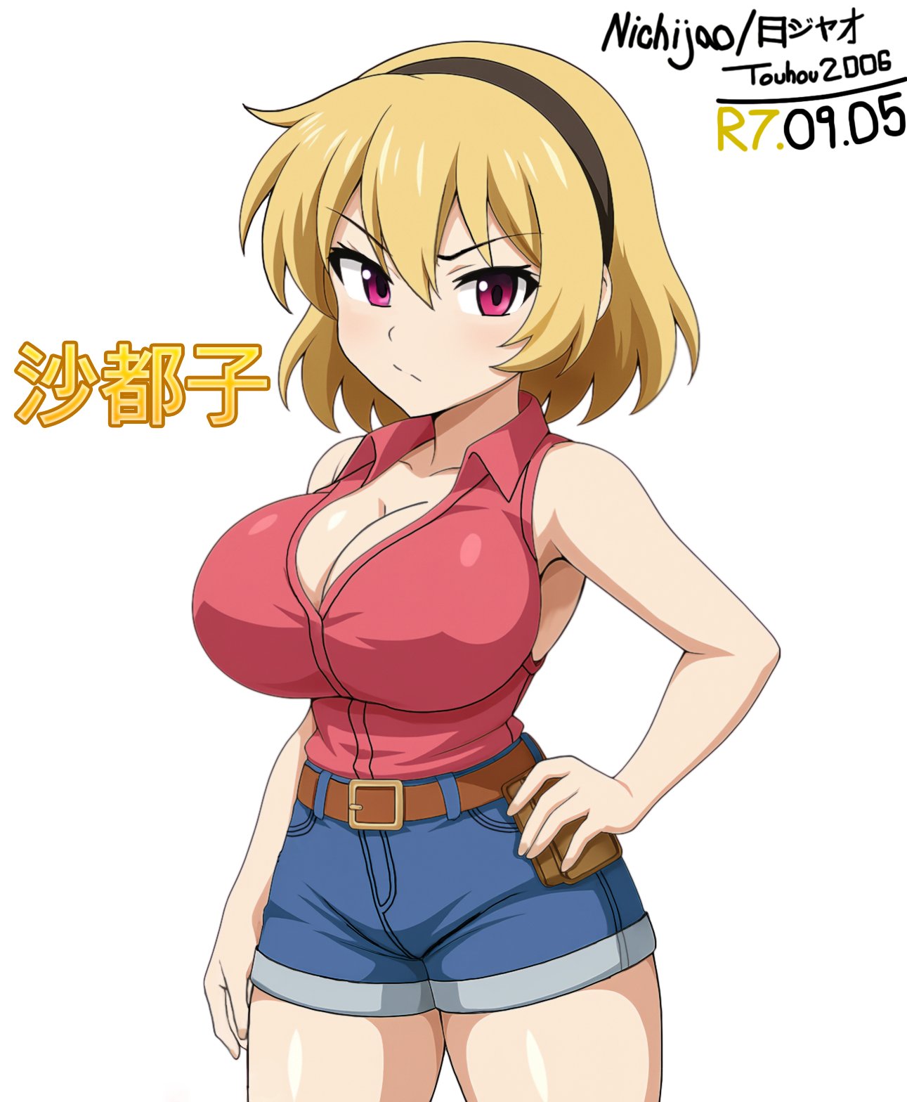houjou satoko, higurashi no naku koro ni, commentary request, highres, 1girl, :/, alternate breast size (larger), artist name, belt, black headband, blonde hair, breasts, casual, cleavage, collared shirt, dated, denim, denim shorts, hair between eyes, hand on own hip, headband, huge breasts, large breasts, looking at viewer, nichijao, pink eyes, pink shirt, serious, shirt, shirt tucked in, short hair, shorts, sleeveless, sleeveless shirt, solo, standing, thighs, white background