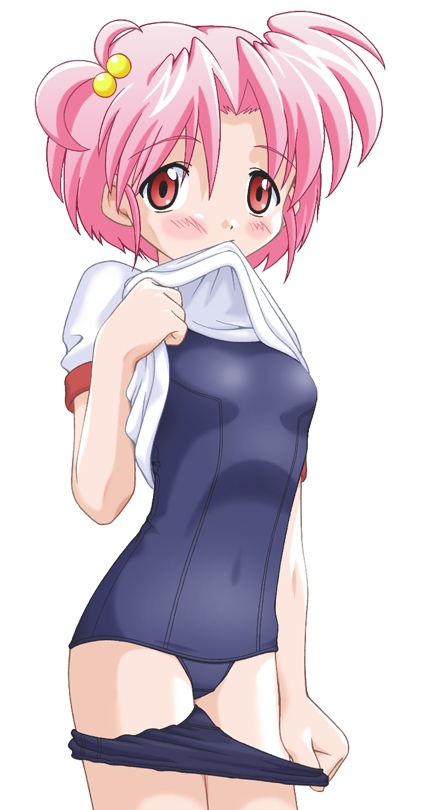 artist request, character request, 1girl, black buruma, blue one-piece swimsuit, blue school swimsuit, blush, breasts, buruma, buruma pull, clothes lift, clothes pull, cowboy shot, female focus, gym uniform, hair bobbles, hair ornament, looking at viewer, mouth hold, one-piece swimsuit, pink hair, red eyes, school swimsuit, shirt, shirt lift, short hair, short sleeves, simple background, small breasts, solo, standing, swimsuit, swimsuit under clothes, white background, white shirt