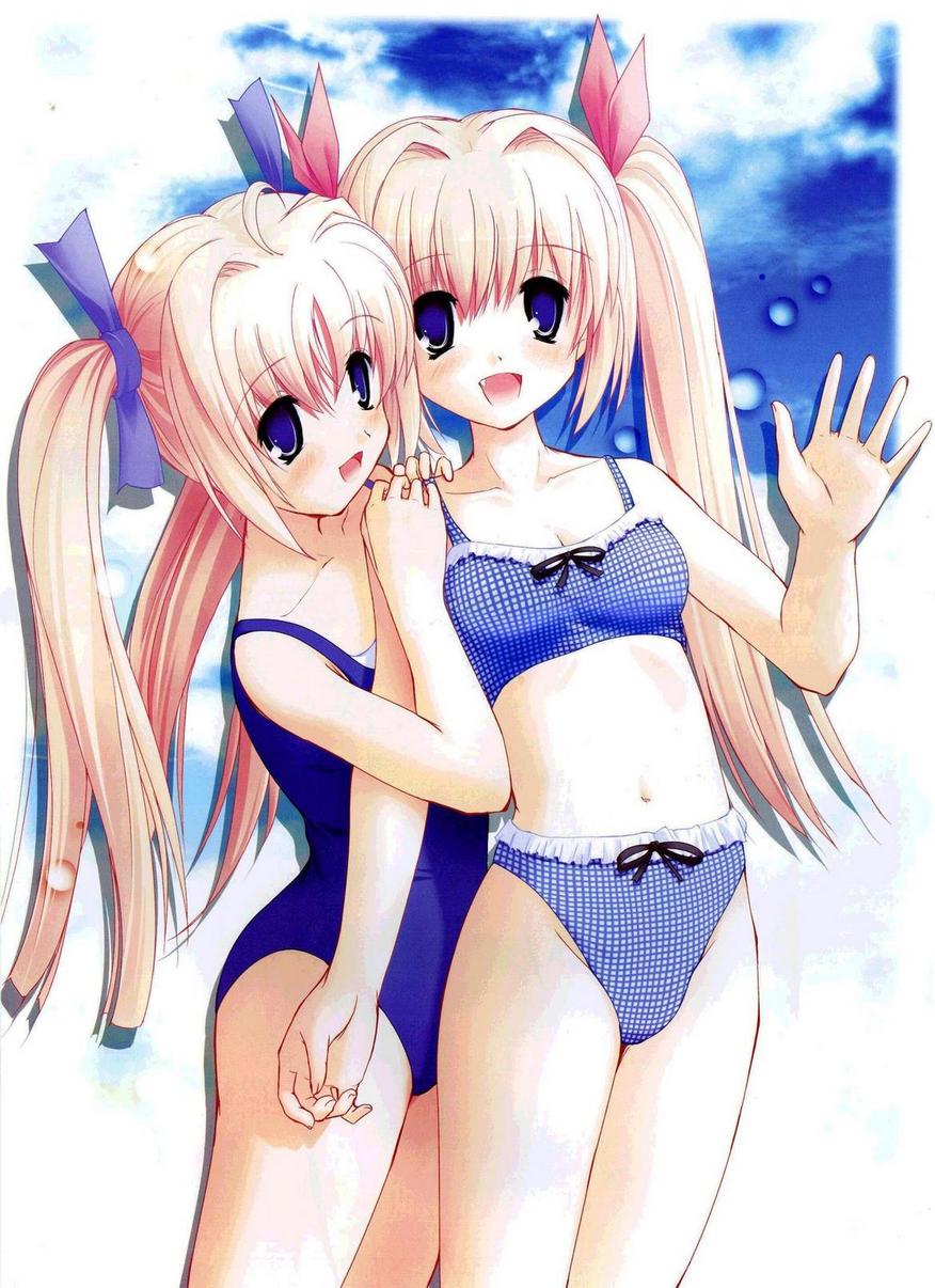 nimura yuuji, mikoshiba rea, mikoshiba rio, clover (series), clover heart's, saiga (company), highres, 2girls, ahoge, bikini, blonde hair, blue bikini, blue eyes, blue one-piece swimsuit, blush, breasts, checkered bikini, checkered clothes, cloud, collarbone, fang, hair ribbon, hands on another's shoulder, long hair, looking at viewer, multiple girls, navel, one-piece swimsuit, open mouth, ribbon, school swimsuit, siblings, sisters, sky, small breasts, smile, standing, swimsuit, tankini, thighs, twins, twintails, waving