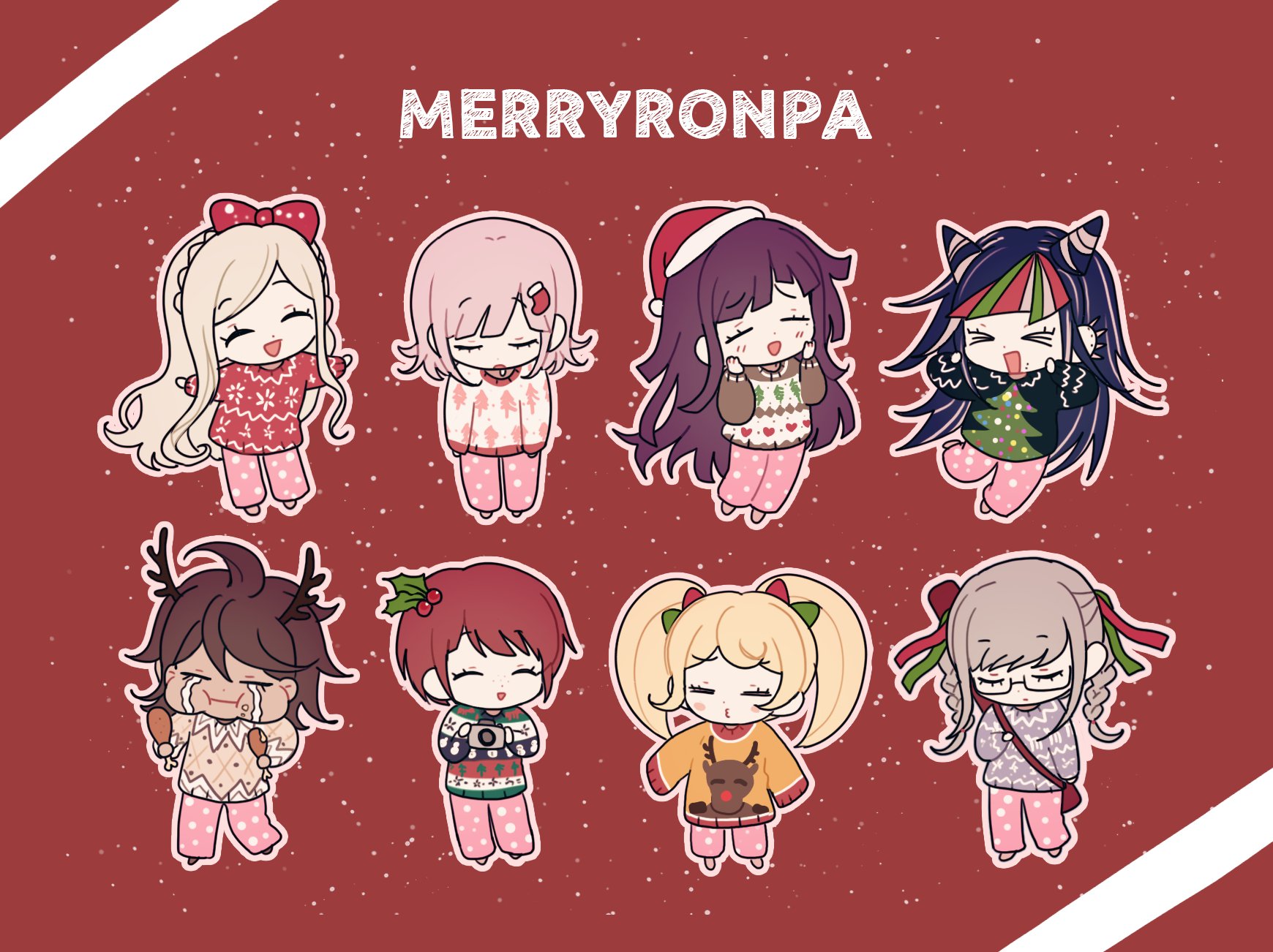 gamhwa, koizumi mahiru, mioda ibuki, nanami chiaki, owari akane, pekoyama peko, saionji hiyoko, sonia nevermind, tsumiki mikan, danganronpa (series), danganronpa 2: goodbye despair, commentary, highres, symbol-only commentary, > <, 6+girls, = =, ahoge, alternate costume, alternate hair color, antlers, black hair, black shirt, blonde hair, blunt bangs, blush, blush stickers, bow, braid, brown hair, brown shirt, camera, chibi, chicken (food), chicken leg, christmas, christmas sweater, closed eyes, closed mouth, crying, dark-skinned female, dark skin, dot nose, drooling, ear piercing, eating, eyelashes, face piercing, fake antlers, food, food on face, freckles, full body, glasses, green hair, grey shirt, hair bow, hair horns, hair ornament, hands on own face, hat, holding, holding camera, holding food, holly hair ornament, horns, long hair, medium hair, mouth piercing, multicolored hair, multiple girls, o3o, open mouth, outline, outstretched arms, pants, piercing, pink pants, print pants, print shirt, puffy cheeks, purple hair, rectangular eyewear, red background, red hair, red hat, red shirt, reindeer antlers, saliva, santa hat, semi-rimless eyewear, shirt, short hair, simple background, sleeping, sleeping upright, sleeves past wrists, smile, snowing, spread arms, standing, standing on one leg, streaked hair, streaming tears, striped clothes, striped shirt, tears, twin braids, twintails, two-tone bow, white hair, white outline, white shirt, yellow shirt