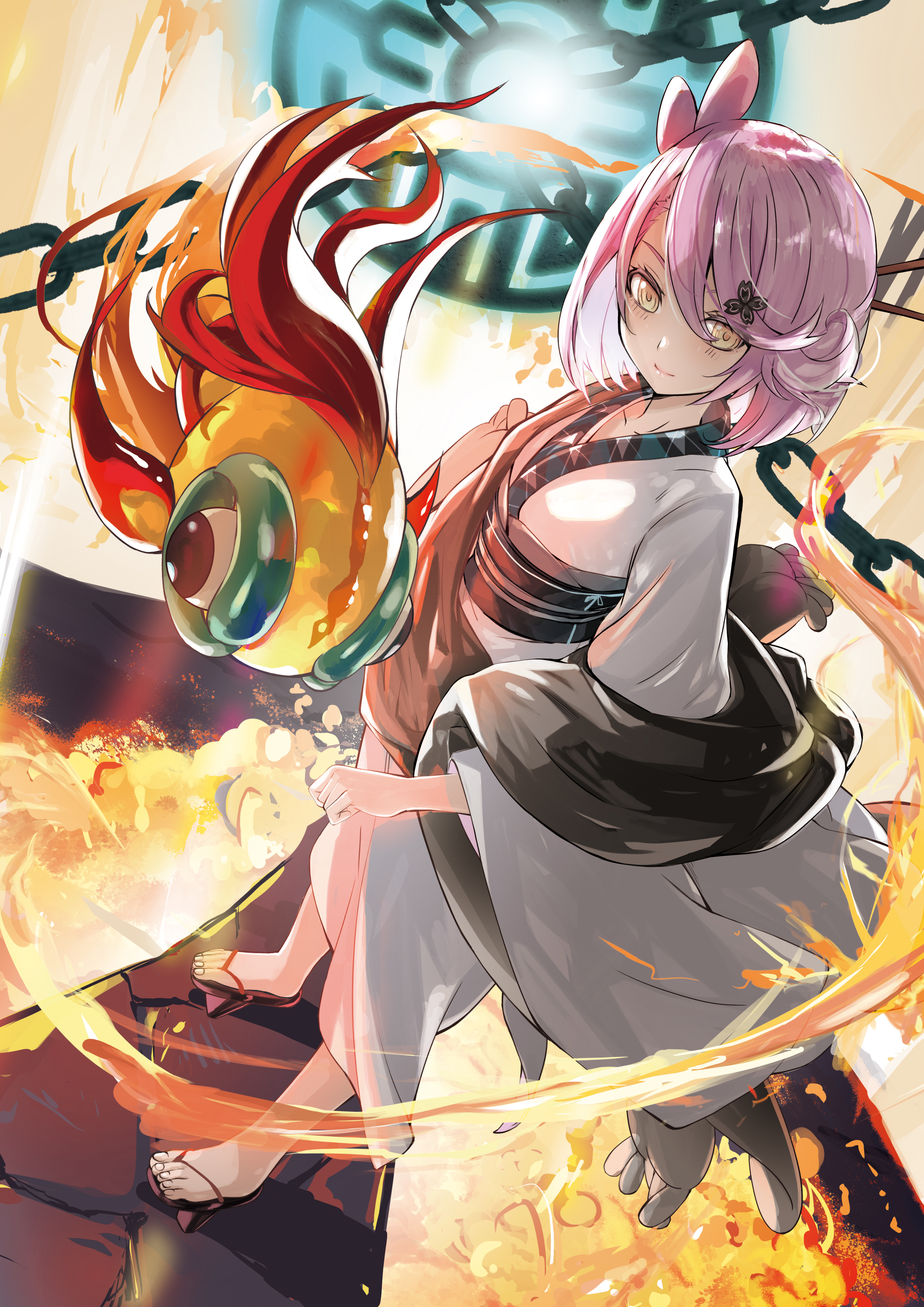 l.f., chi-yu (pokemon), nintendo, pokemon, absurdres, commission, highres, pixiv commission, 1girl, breasts, closed mouth, collarbone, fire, full body, hair between eyes, hair ornament, japanese clothes, kimono, looking at viewer, medium hair, parted bangs, pink hair, pokemon (creature), sandals, smile, solo, standing, toenails, white kimono, wide sleeves, yellow eyes