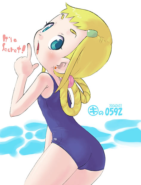 kei jiei, asuka momoko, ojamajo doremi, 00s, 1girl, 2004, ass, blonde hair, blue eyes, blue one-piece swimsuit, dated, earrings, flat chest, from behind, green eyes, hair ornament, hair rings, hairclip, index finger raised, jewelry, june, loli, looking at viewer, looking back, one-piece swimsuit, open mouth, swimsuit