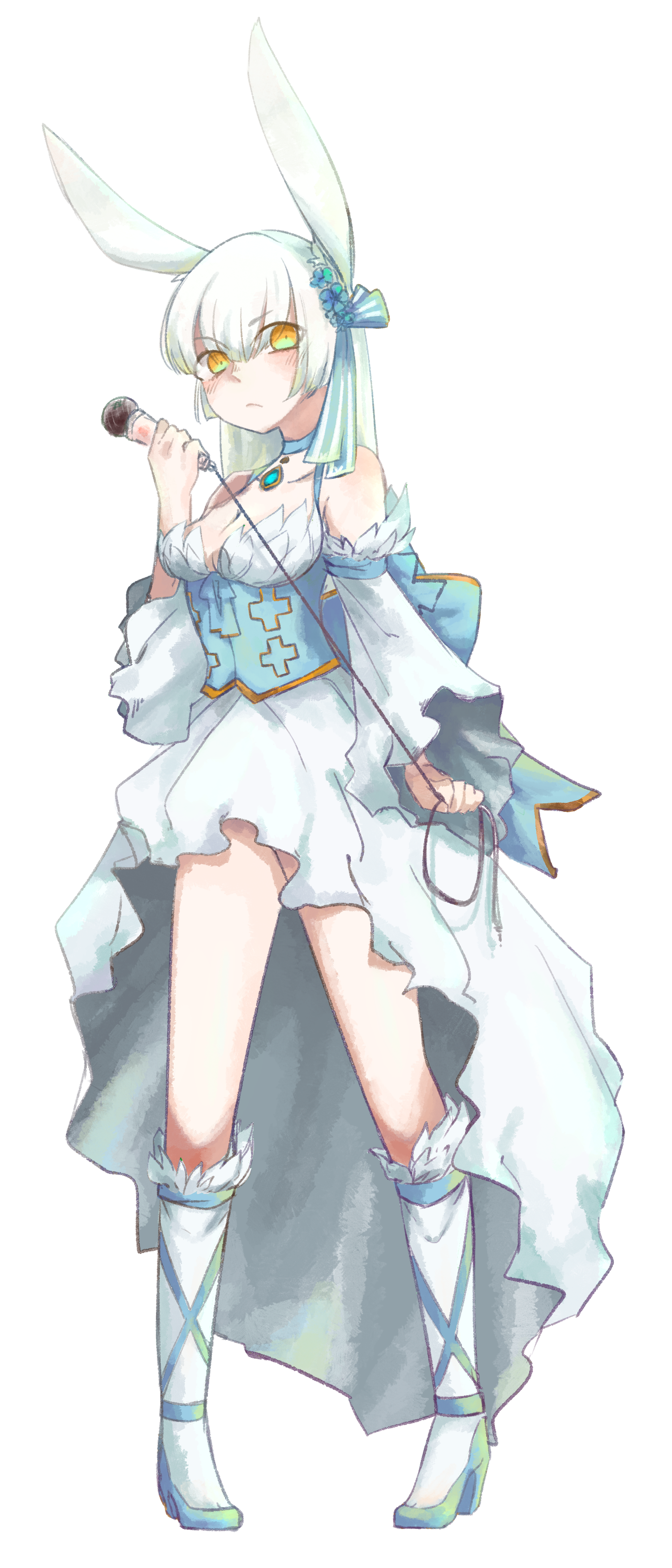 wanderer (ragnarok online), ragnarok online, absurdres, commentary request, highres, 1girl, animal ears, blue bow, blue choker, blue corset, blue gemstone, blue shoes, blush, bow, breasts, choker, cleavage, closed mouth, corset, detached sleeves, dress, frown, full body, gem, hair bow, high heels, holding, holding microphone, kneehighs, long hair, looking at viewer, medium breasts, microphone, muka (vive1324), official alternate costume, rabbit ears, rabbit girl, shoes, simple background, sleeveless, sleeveless dress, socks, solo, white background, white dress, white hair, white sleeves, white socks, wide sleeves, yellow eyes