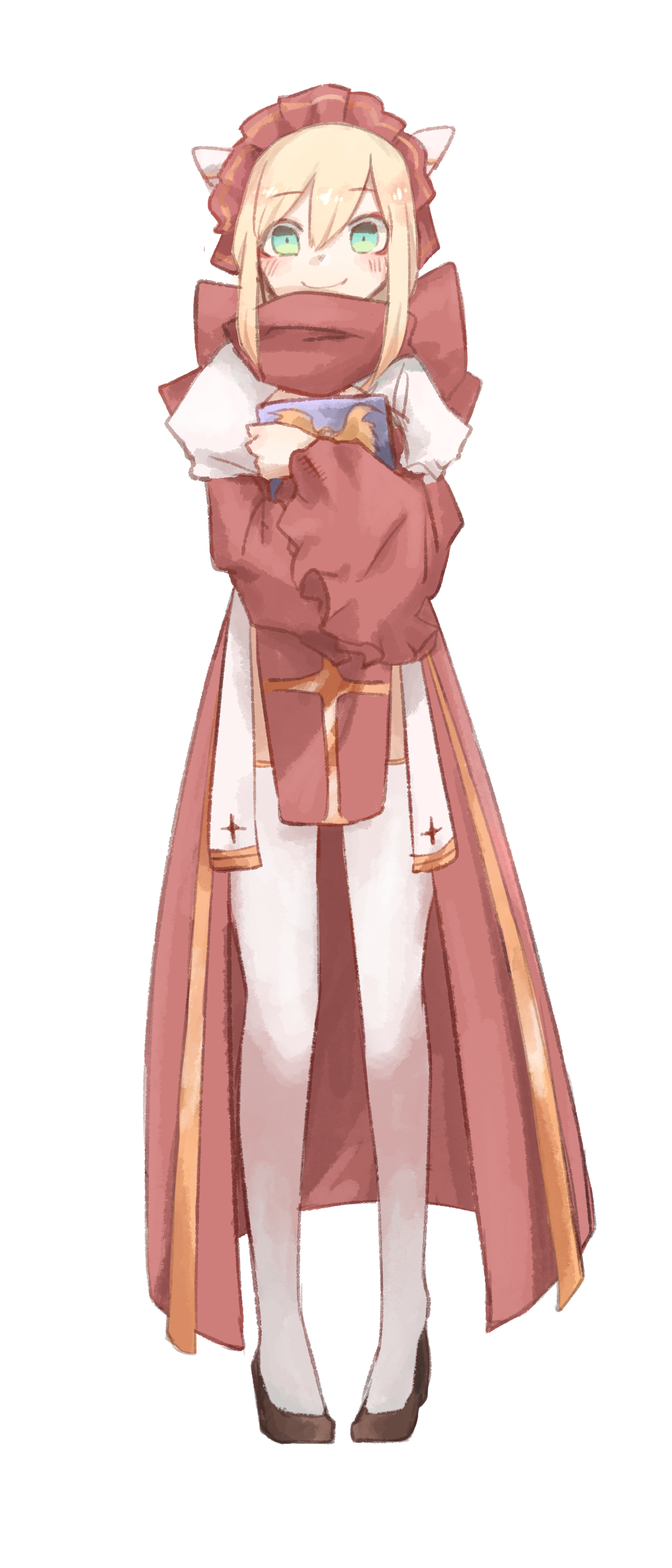 arch bishop (ragnarok online), ragnarok online, absurdres, commentary request, highres, 1girl, black shoes, blonde hair, blush, book, closed mouth, cross, dress, full body, green eyes, headdress, holding, holding book, juliet sleeves, long hair, long sleeves, looking at viewer, muka (vive1324), puffy sleeves, red dress, shoes, simple background, smile, solo, thighhighs, two-tone dress, white background, white dress, white thighhighs