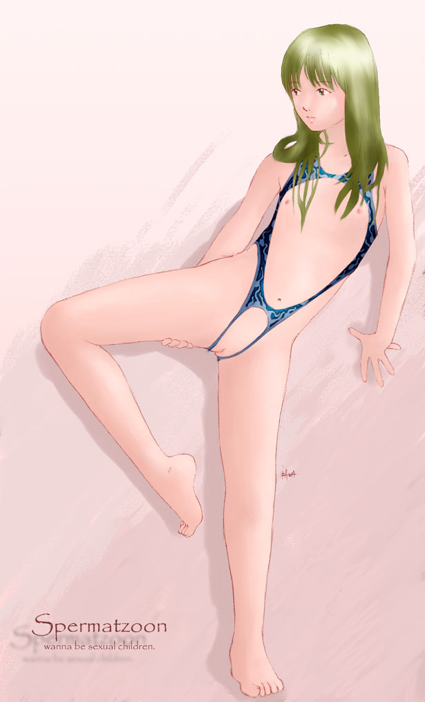 izawa (artist), lolita core, 1girl, barefoot, crotchless, crotchless swimsuit, female focus, leg hold, loli, navel, nipples, pussy, solo, swimsuit