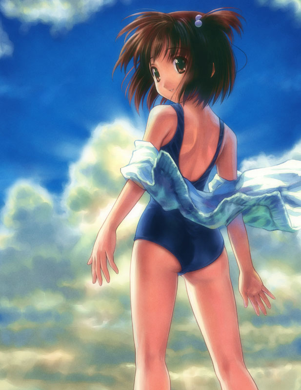 goto p, eyebrows, 1girl, ass, brown eyes, brown hair, cloud, female focus, hair bobbles, hair ornament, loli, looking back, sky, solo, swimsuit