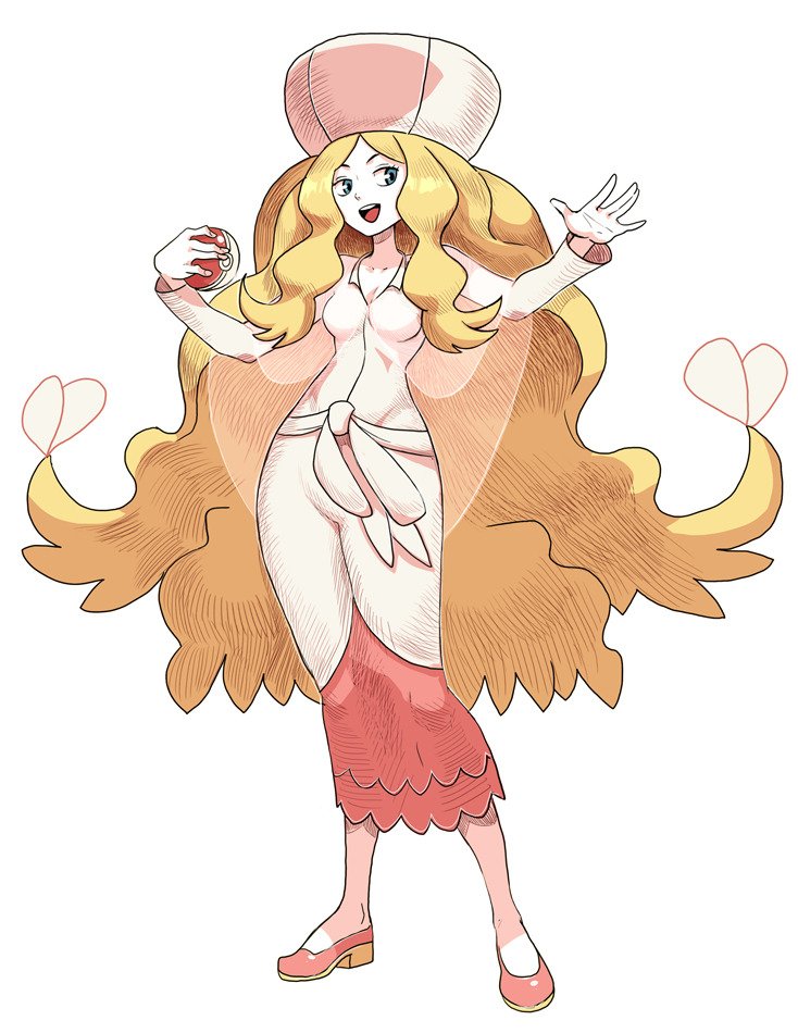 genzoman, caitlin (pokemon), nintendo, pokemon, pokemon bw, mixed-language commentary, 1girl, blonde hair, blue eyes, breasts, dress, eyelashes, floating hair, full body, hat, hatching (texture), holding, holding poke ball, long hair, long sleeves, open mouth, pink shoes, poke ball, poke ball (basic), shoes, simple background, smile, solo, teeth, upper teeth only, very long hair, white background, white dress, white hat