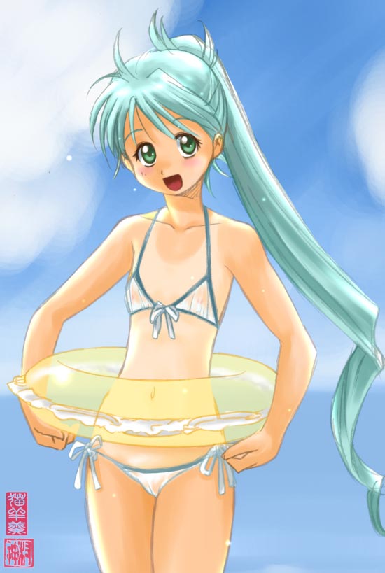 maira gen, 1girl, aqua hair, bikini, blush, cameltoe, cloud, collarbone, female focus, green eyes, innertube, loli, long hair, looking at viewer, navel, neko-yohan, ocean, open mouth, ponytail, see-through bikini, see-through clothes, side-tie bikini bottom, sky, smile, solo, standing, swim ring, swimsuit, tan, tanline, water, white bikini