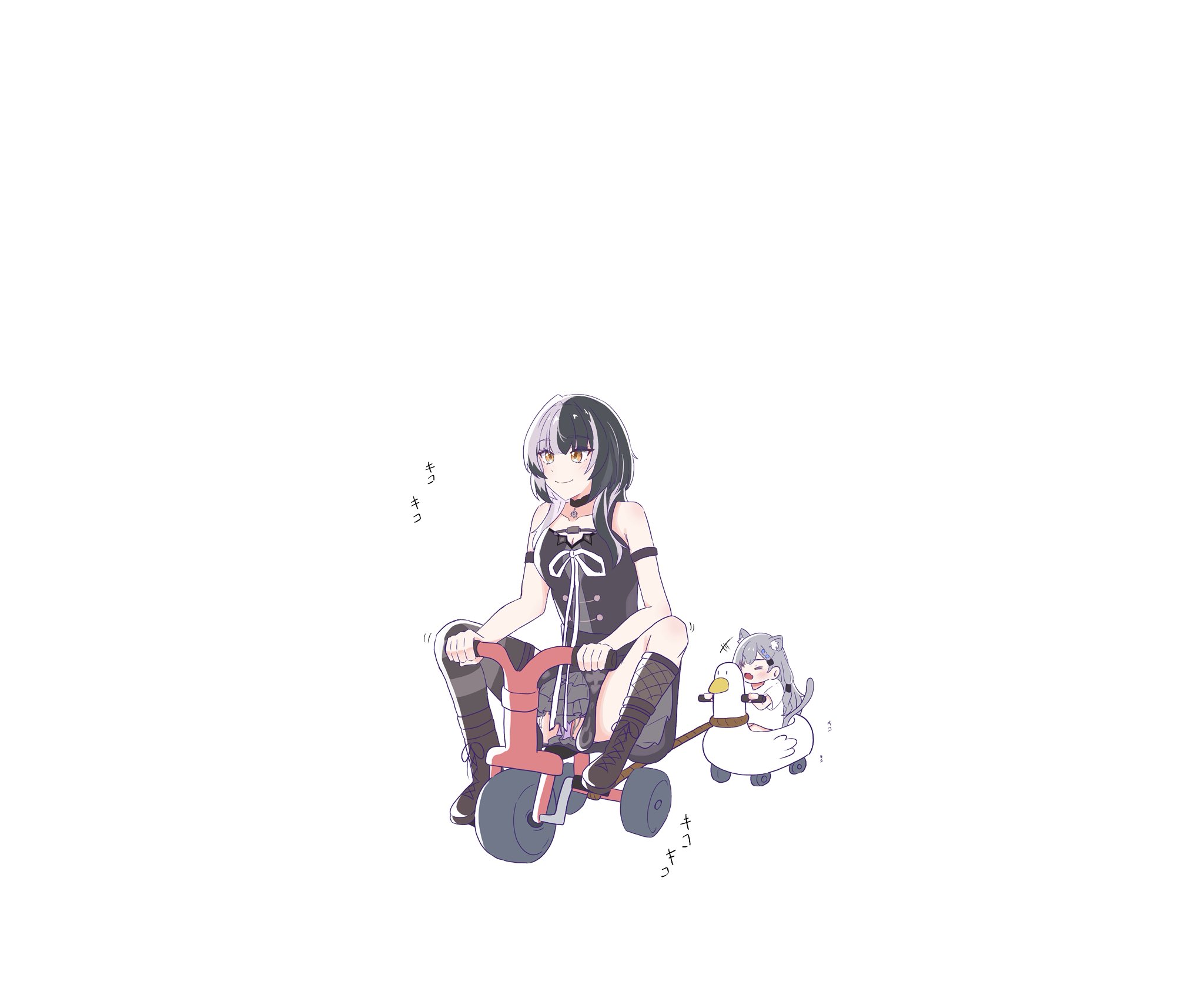 soraha 123, shiori novella, shiori novella (1st costume), vestia zeta, hololive, hololive english, highres, 2girls, animal ears, arm strap, black boots, black choker, black dress, black hair, black thighhighs, boots, cat ears, cat tail, chibi, choker, dress, grey hair, long hair, multicolored hair, multiple girls, panties, purple panties, ribbon, riding tricycle, single thighhigh, split-color hair, striped clothes, striped thighhighs, tail, thighhighs, tricycle, two-tone hair, underwear, virtual youtuber, white ribbon, yellow eyes