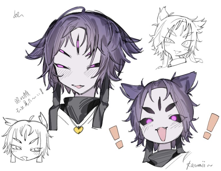 mei (tuboishi), muffet, undertale, utdr (toby fox), xtale, commentary request, translation request, !, 1girl, :d, alternate universe, arthropod girl, black sclera, black shirt, colored sclera, colored skin, cropped head, extra eyes, fangs, gold necklace, heart, heart necklace, insect girl, jewelry, looking at viewer, looking to the side, multiple views, necklace, open mouth, pink eyes, purple hair, shirt, short hair, simple background, smile, spider girl, turtleneck, turtleneck shirt, two side up, white background, white skin