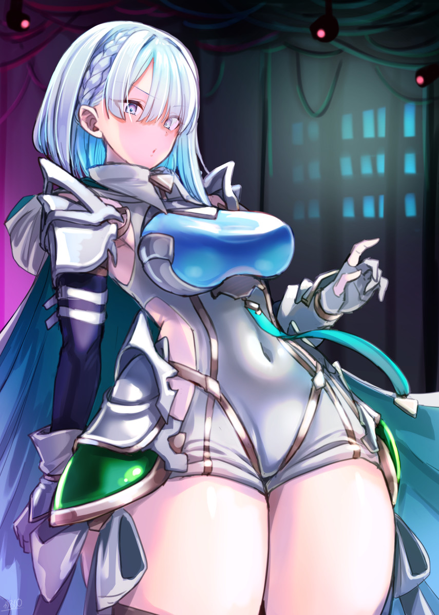 calpish, dreizehn (shadowverse), shadowverse, shadowverse: worlds beyond, 1girl, aqua cape, armor, bare shoulders, blue cape, blue eyes, blue hair, bodysuit, breasts, cape, clothing cutout, covered navel, detached sleeves, gloves, hair between eyes, hip armor, large breasts, looking at viewer, short hair, shoulder armor, side cutout, solo, thighs, two-sided cape, two-sided fabric, white bodysuit, white gloves, white unitard