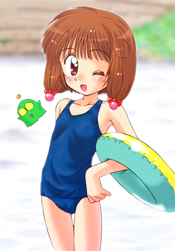 kokekokko coma, eyebrows, blush, bow, brown eyes, brown hair, collarbone, loli, one eye closed, open mouth, swimsuit