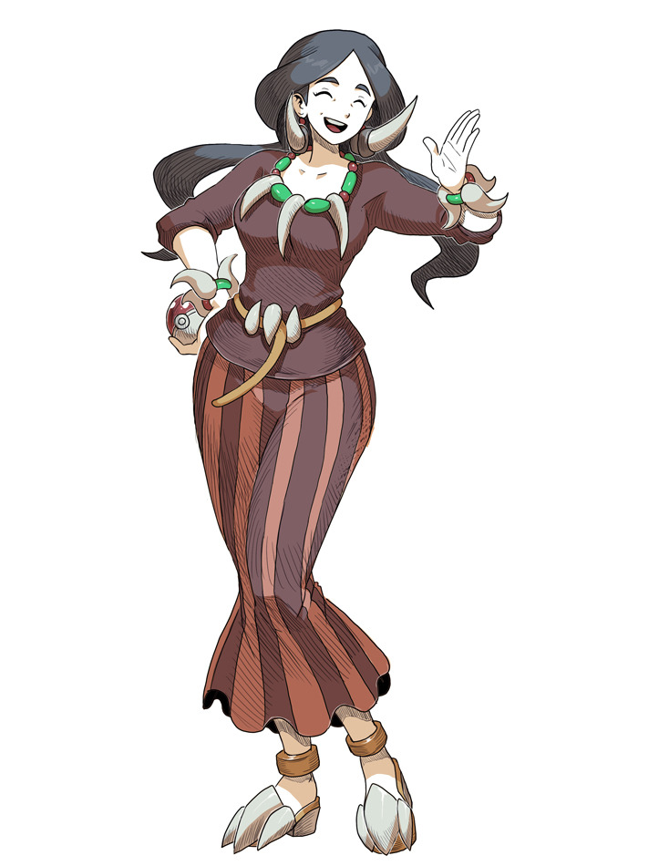 genzoman, drasna (pokemon), nintendo, pokemon, pokemon xy, mixed-language commentary, 1girl, black hair, bracelet, breasts, brown shirt, brown skirt, closed eyes, eyelashes, fake claws, full body, hand up, hatching (texture), holding, holding poke ball, jewelry, long hair, long skirt, mature female, necklace, poke ball, poke ball (basic), shirt, shoes, simple background, skirt, solo, striped clothes, striped shirt, vertical-striped clothes, vertical-striped shirt, white background
