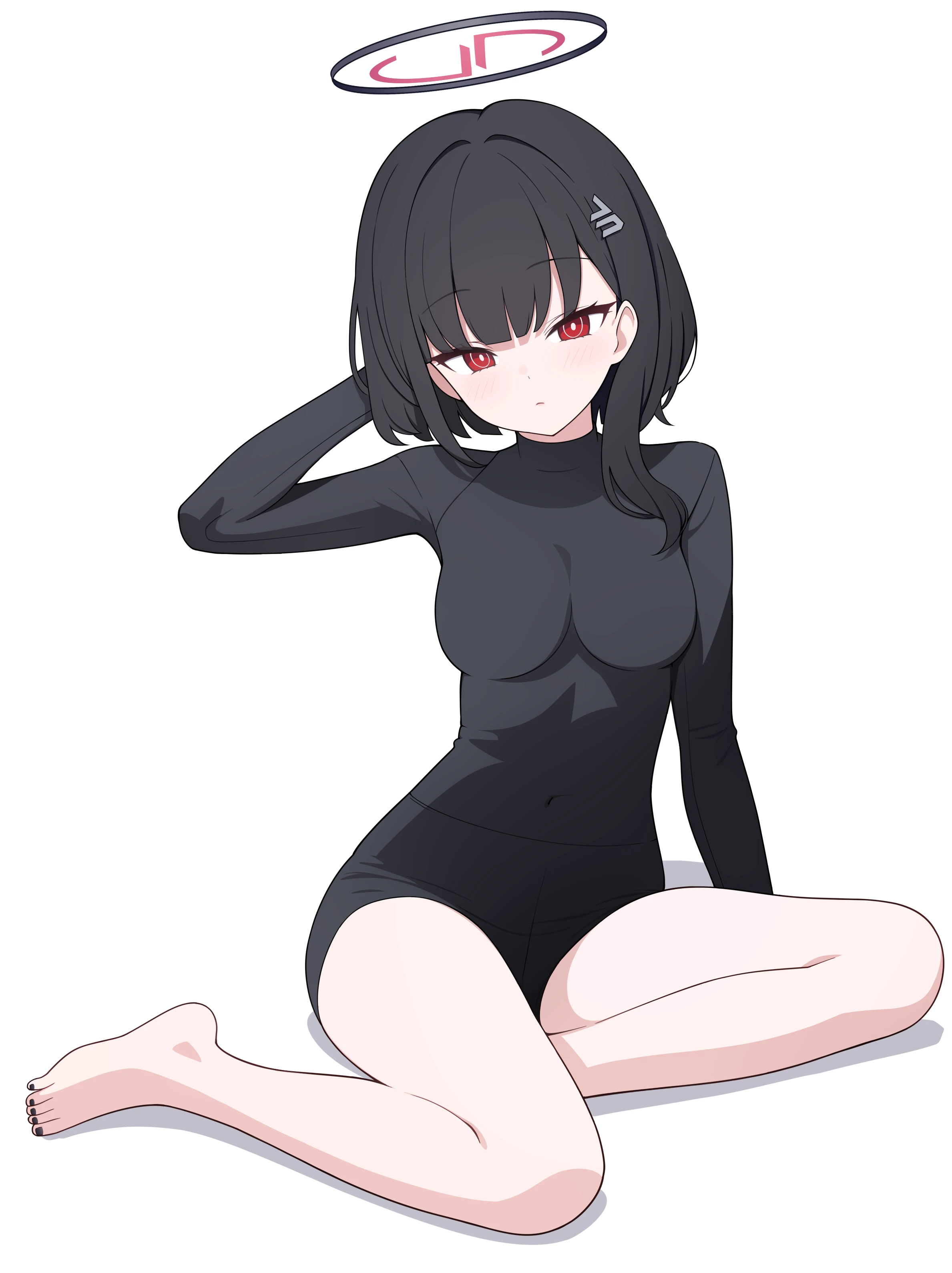 jyt, rio (blue archive), blue archive, absurdres, chinese commentary, commentary request, highres, 1girl, alternate hair length, alternate hairstyle, asymmetrical hair, bare legs, barefoot, black bodysuit, black hair, black nails, blush, bodysuit, breasts, bright pupils, closed mouth, covered navel, full body, hair ornament, halo, long sleeves, looking at viewer, medium breasts, millennium science school logo, red eyes, ringed eyes, shadow, simple background, sitting, solo, toenails, white background, white pupils