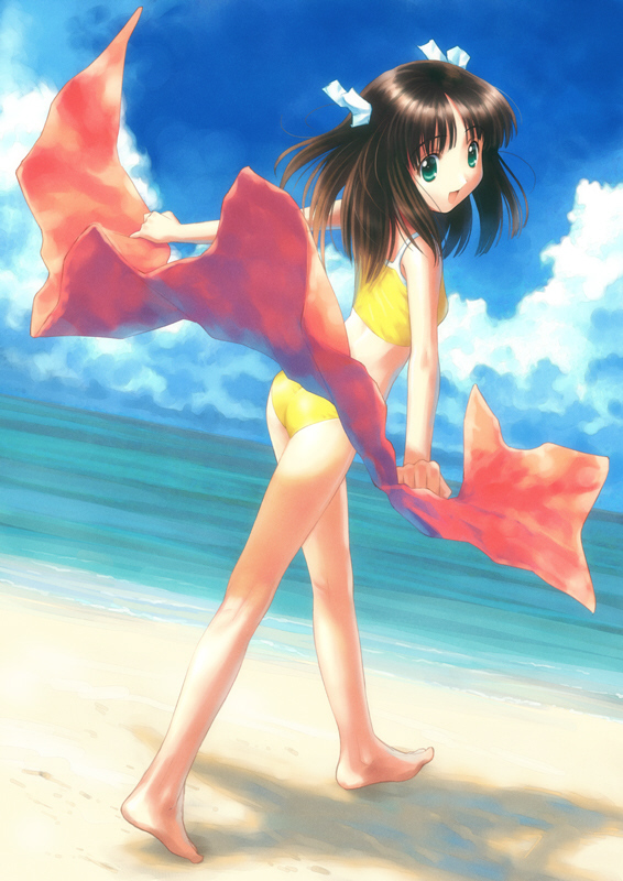 goto p, 1girl, :d, aqua eyes, ass, back, barefoot, beach, bikini, black hair, breasts, cloud, cloudy sky, female focus, floating hair, from side, hair ornament, hair ribbon, holding, kneepits, legs, long hair, looking at viewer, looking back, ocean, open mouth, parted bangs, ribbon, shadow, sky, small breasts, smile, solo, standing, swimsuit, tankini, two side up, walking, water, yellow bikini