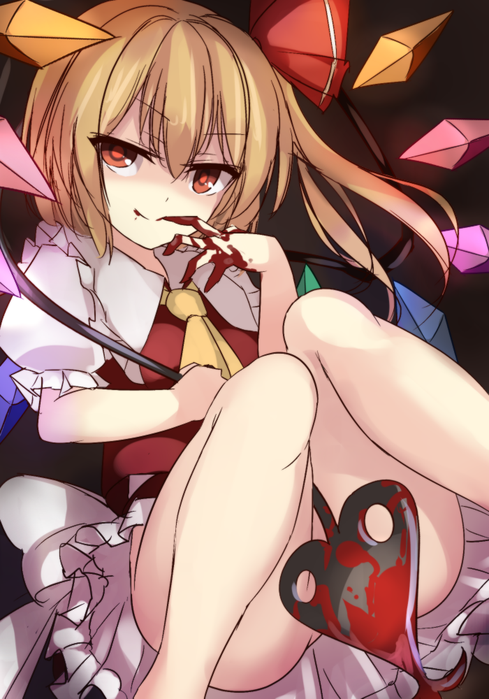 janne cherry, flandre scarlet, touhou, commentary request, 1girl, ascot, black background, blonde hair, blood, blood on hands, closed mouth, collared shirt, convenient censoring, crystal wings, feet out of frame, frilled shirt collar, frilled skirt, frills, hair between eyes, hair ribbon, knees up, laevatein (touhou), long hair, looking at viewer, multicolored wings, no headwear, no panties, puffy short sleeves, puffy sleeves, red eyes, red ribbon, red vest, ribbon, shirt, short sleeves, side ponytail, sitting, skirt, smile, solo, vest, white shirt, wings, yellow ascot