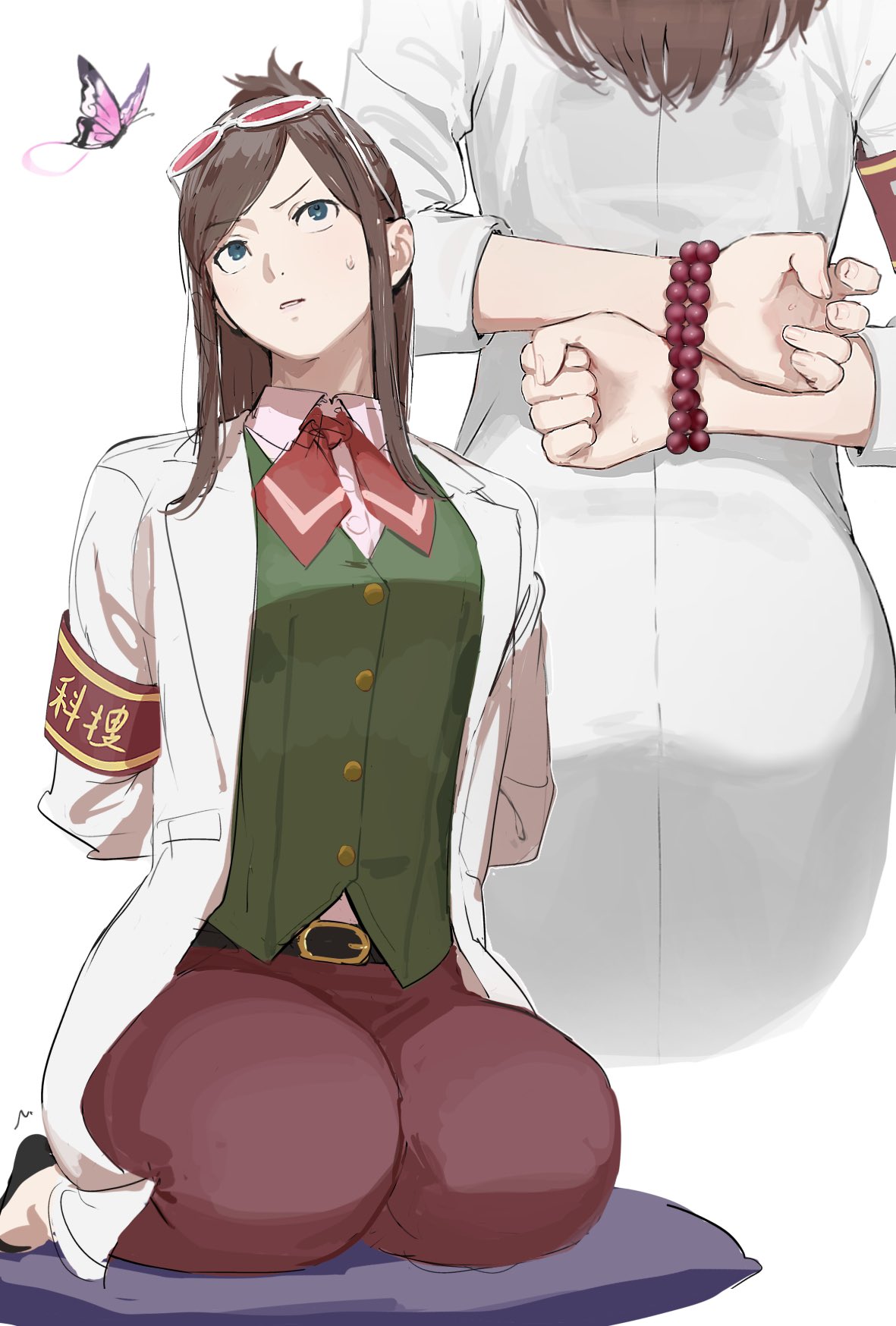 nyak il, ema skye, highres, 1girl, armband, blue eyes, bound, brown hair, bug, butterfly, eyewear on head, glasses, insect, lab coat, long hair, pants, seiza, sitting, squiggle, vest