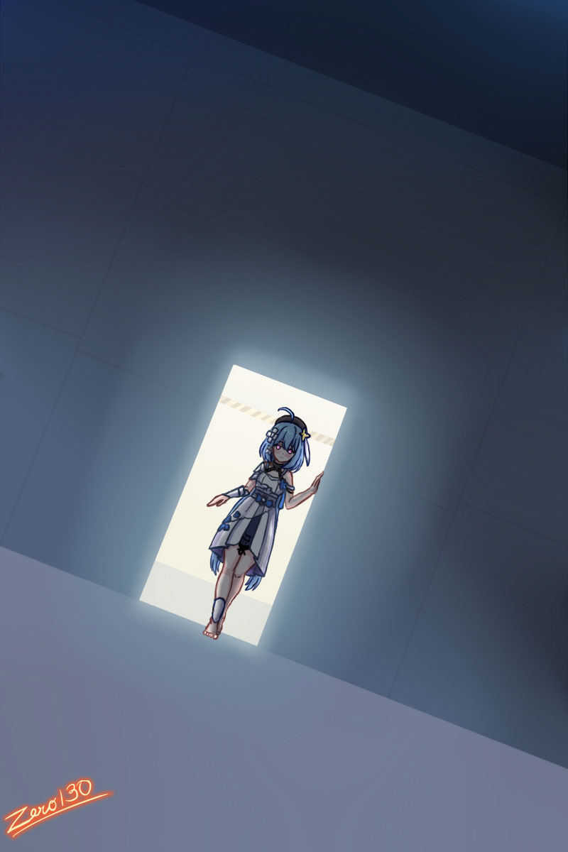 zero130rider, griseo, griseo (starry impression), honkai (series), honkai impact 3rd, highres, 1girl, ahoge, artist name, barefoot, beret, blue eyes, dress, full body, hat, long hair, looking at viewer, purple eyes, sleeveless, sleeveless dress, solo, toes, white dress