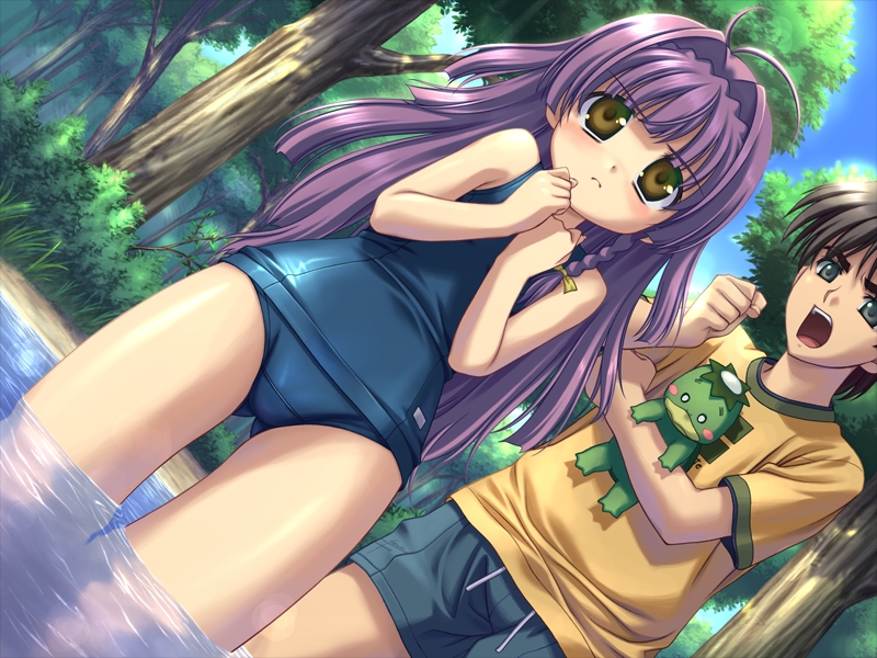 shida kazuhiro, chitose yukina, angel wish, 1boy, 1girl, brown eyes, kappa, loli, long hair, purple hair, swimsuit, water