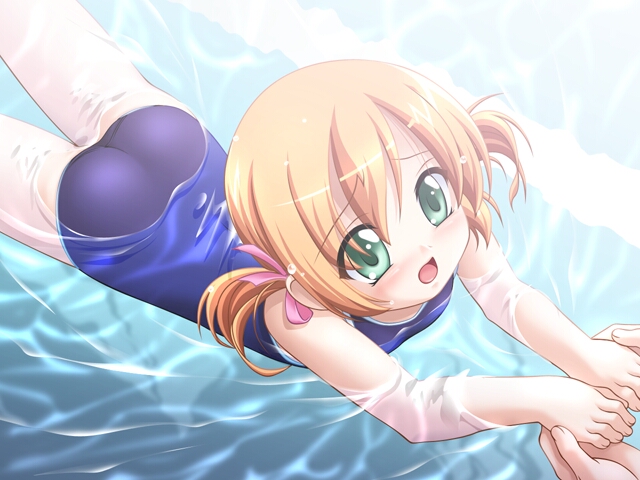 kuuchuu yousai, kurozaki yuu, futago ecchi, game cg, 1boy, 1girl, ass, blonde hair, blue one-piece swimsuit, blush, flat chest, green eyes, hair ribbon, loli, looking at viewer, one-piece swimsuit, open mouth, pink ribbon, pool, ribbon, school swimsuit, short hair, swimming, swimsuit, twintails, wet