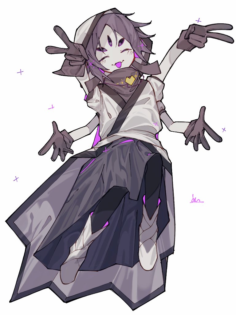 mei (tuboishi), muffet, undertale, utdr (toby fox), xtale, commentary request, 1girl, :d, o/, ^ ^, alternate universe, ankle boots, arms up, arthropod girl, black gloves, black leggings, black sclera, black trim, boots, closed eyes, coat, colored sclera, colored skin, double v, extra arms, extra eyes, fangs, foreshortening, from below, full body, gloves, gold necklace, grey shirt, grey skirt, hair flaps, heart, heart necklace, hood, hood up, hooded coat, insect girl, jewelry, knee up, leggings, looking at viewer, medium skirt, necklace, open mouth, outstretched arms, parted bangs, puffy short sleeves, puffy sleeves, purple eyes, purple hair, shirt, short hair, short sleeves, simple background, skin fangs, skirt, smile, solo, sparkle, spider girl, turtleneck, turtleneck shirt, v, white background, white boots, white coat, white skin