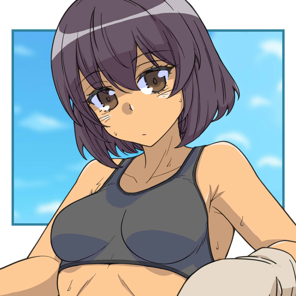 renshiu, original, highres, 1girl, blue sky, breasts, brown eyes, brown hair, closed mouth, cloud, cloudy sky, dark skin, day, frown, light frown, looking at viewer, medium breasts, outdoors, outside border, short hair, sky, solo, sports bra, sweat, upper body