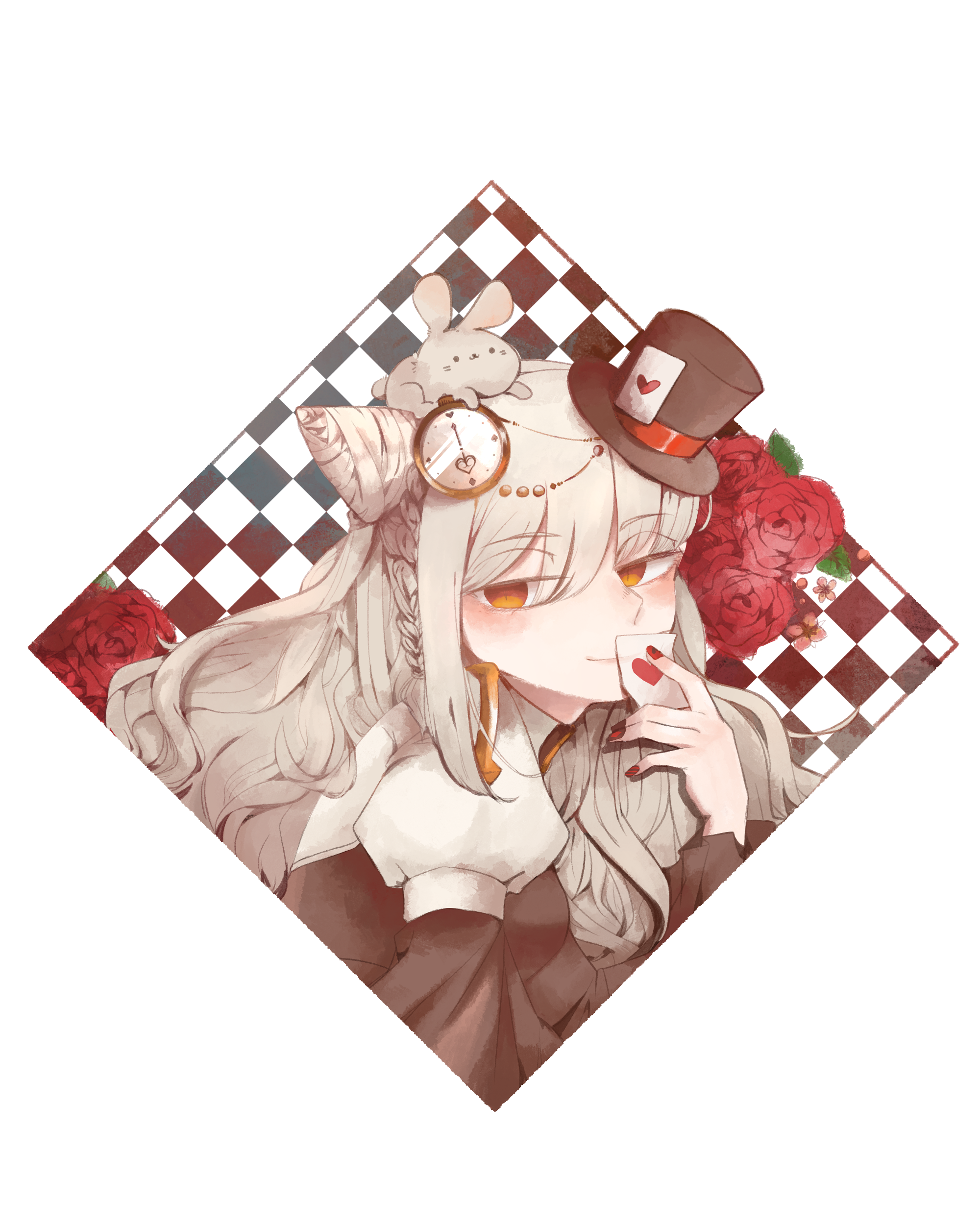 arch bishop (ragnarok online), ragnarok online, absurdres, commentary request, highres, 1girl, ace (playing card), ace of hearts, animal, animal on head, black background, black dress, black hat, blush, braid, card, checkered background, clock hair ornament, closed mouth, cone hair bun, covering own mouth, dress, flower, grey hair, hair bun, hat, heart, juliet sleeves, long hair, long sleeves, looking at viewer, mini hat, mini top hat, muka (vive1324), on head, orange eyes, playing card, pocket watch, puffy sleeves, rabbit, rabbit on head, red flower, red rose, rose, smile, solo, top hat, two-tone dress, upper body, watch, wavy hair, white background, white dress