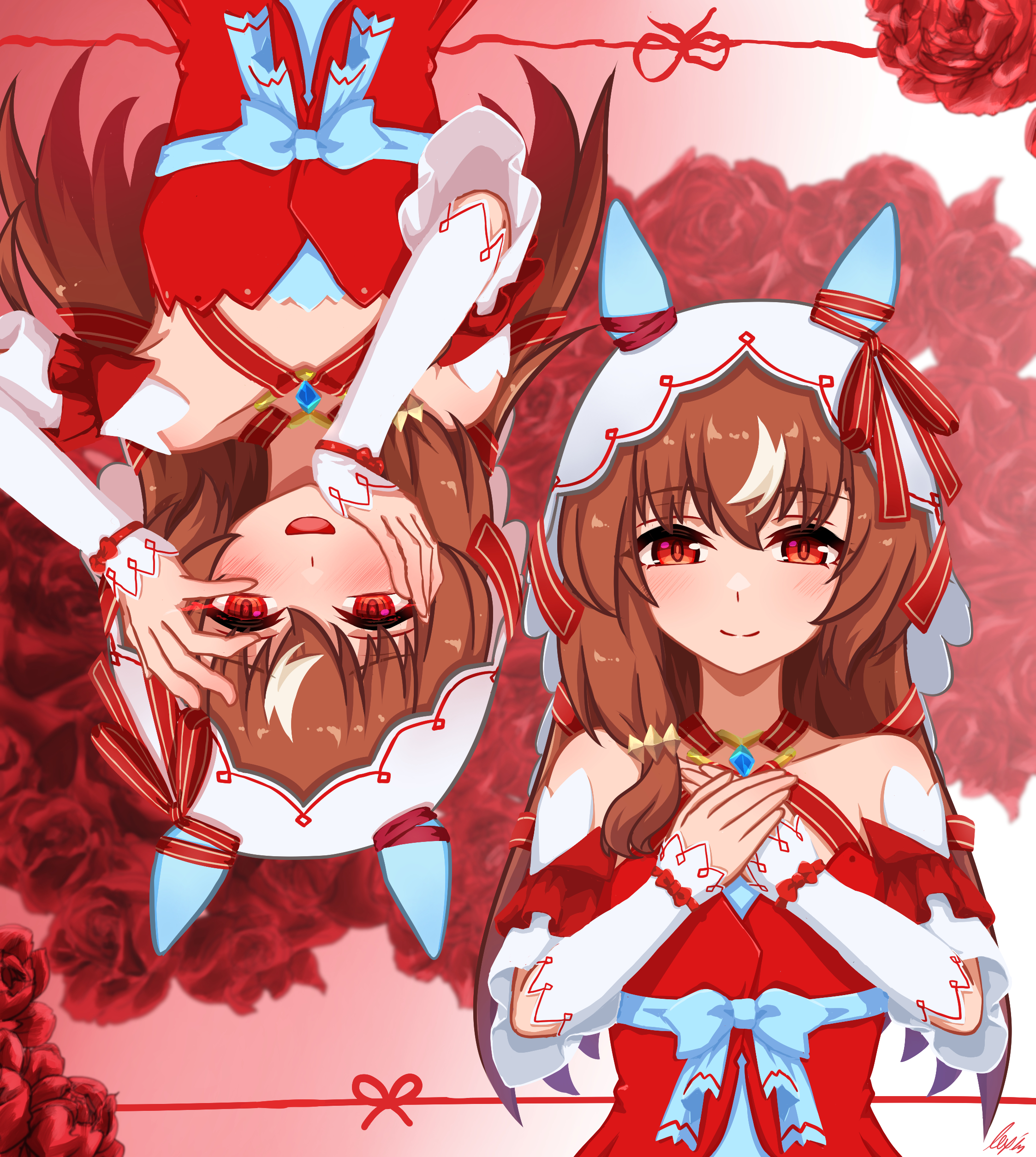 lexis yayoi, still in love (umamusume), umamusume, absurdres, highres, 1girl, animal ears, breasts, brown hair, closed mouth, collarbone, detached sleeves, dual persona, flower, hair between eyes, hair ornament, hands on own chest, horse ears, looking at viewer, open mouth, red eyes, ribbon, rose, simple background, small breasts, smile, solo, yandere trance