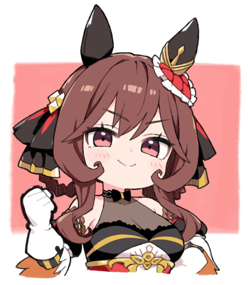 moru (monaka), gentildonna (umamusume), umamusume, highres, 1girl, animal ears, black bow, bow, braid, braided hair rings, breasts, brown eyes, brown hair, chibi, cleavage, clenched hand, ear covers, gentildonna (regina dei fiori) (umamusume), gloves, hair rings, horse ears, horse girl, looking at viewer, medium hair, see-through cleavage, see-through clothes, simple background, smug, solo, upper body, v-shaped eyebrows, white gloves